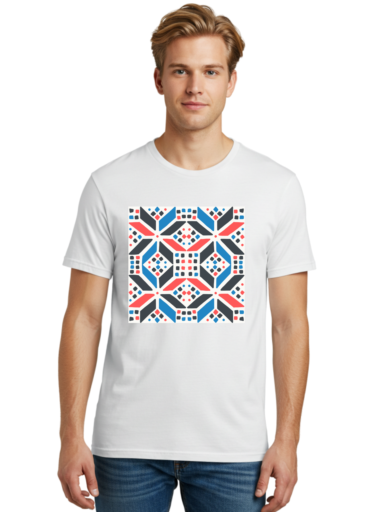 Geometric-Pattern-1 Men'S Graphic Tee, 100% Cotton, Comfortable Casual Summer Wear, Machine Washable, Geometric Pattern, Abstract Design, Colorful Shapes, Diamond Pattern, Bold Colors, Modern Art, Geometric Art, Symmetrical Design, Aab749 24