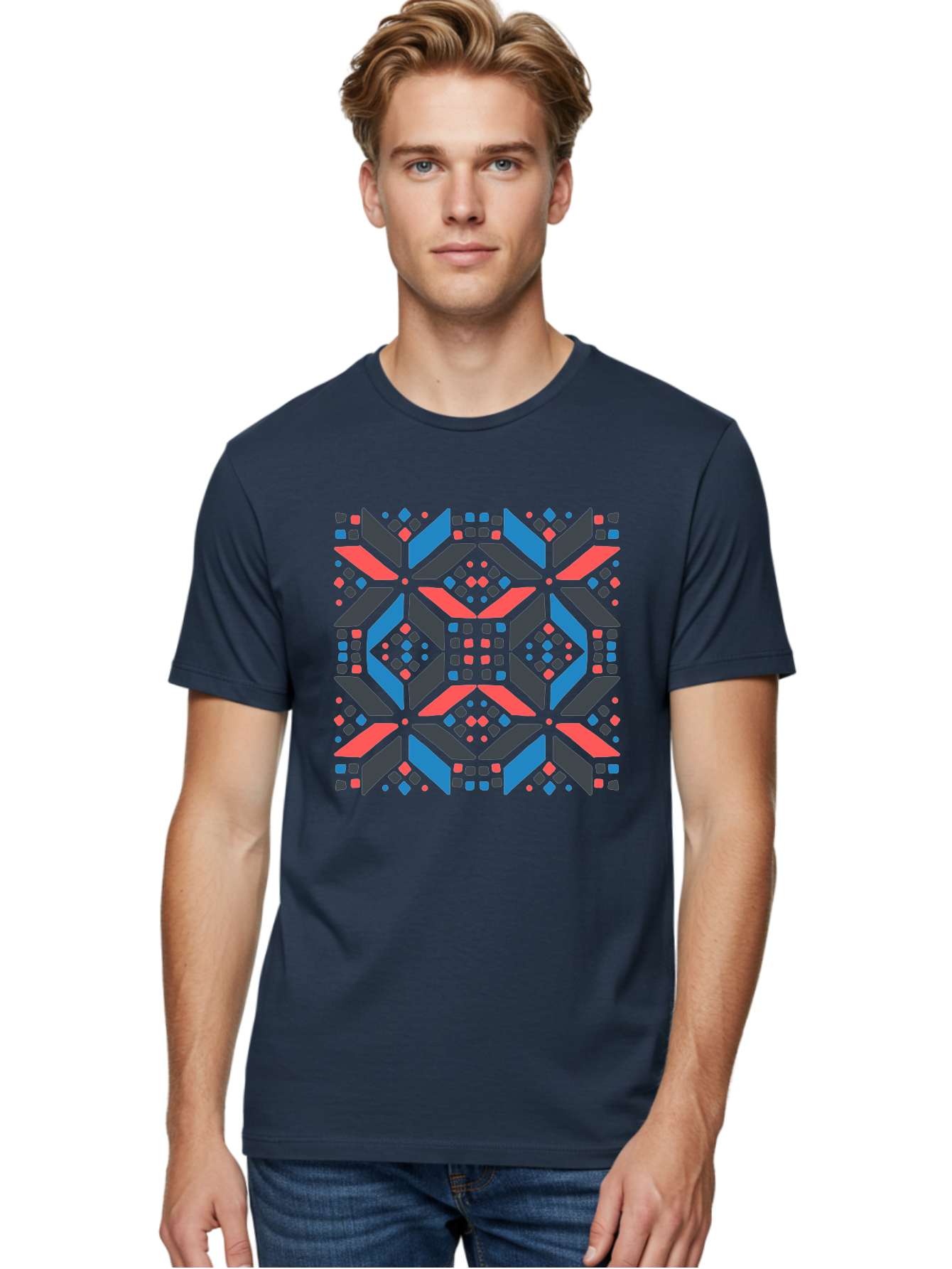 Geometric-Pattern-2 Men'S Graphic Tee, 100% Cotton, Comfortable Casual Summer Wear, Machine Washable, Geometric Shapes, Vibrant Geometric Pattern, Abstract Art, Colorful Design, Modern Aesthetic, Symmetrical Pattern, Bold Colors, Aab750 4