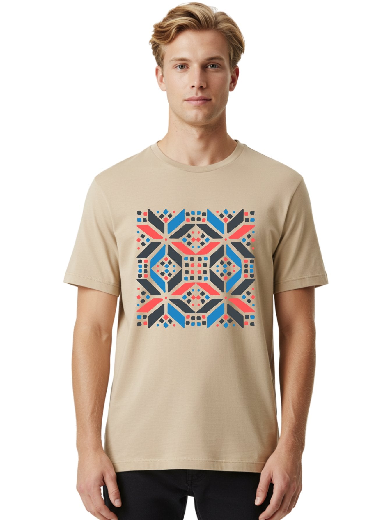 Geometric-Pattern-2 Men'S Graphic Tee, 100% Cotton, Comfortable Casual Summer Wear, Machine Washable, Geometric Shapes, Vibrant Geometric Pattern, Abstract Art, Colorful Design, Modern Aesthetic, Symmetrical Pattern, Bold Colors, Aab750 20