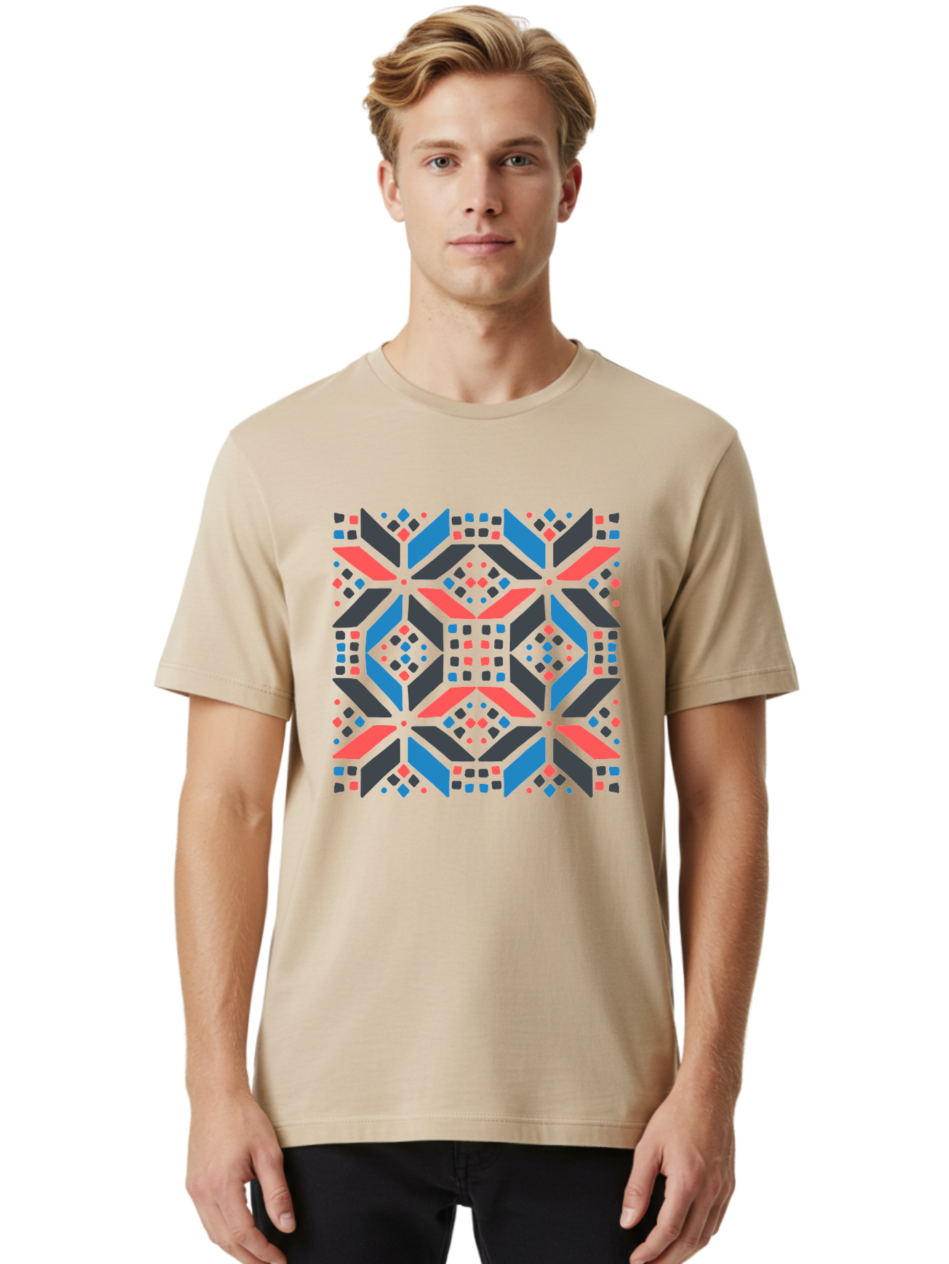 Geometric-Pattern-2 Men'S Graphic Tee, 100% Cotton, Comfortable Casual Summer Wear, Machine Washable, Geometric Shapes, Vibrant Geometric Pattern, Abstract Art, Colorful Design, Modern Aesthetic, Symmetrical Pattern, Bold Colors, Aab750 30