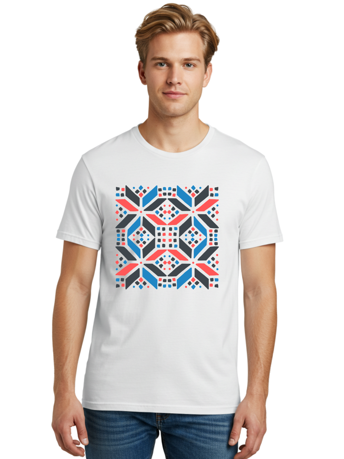Geometric-Pattern-2 Men'S Graphic Tee, 100% Cotton, Comfortable Casual Summer Wear, Machine Washable, Geometric Shapes, Vibrant Geometric Pattern, Abstract Art, Colorful Design, Modern Aesthetic, Symmetrical Pattern, Bold Colors, Aab750 12