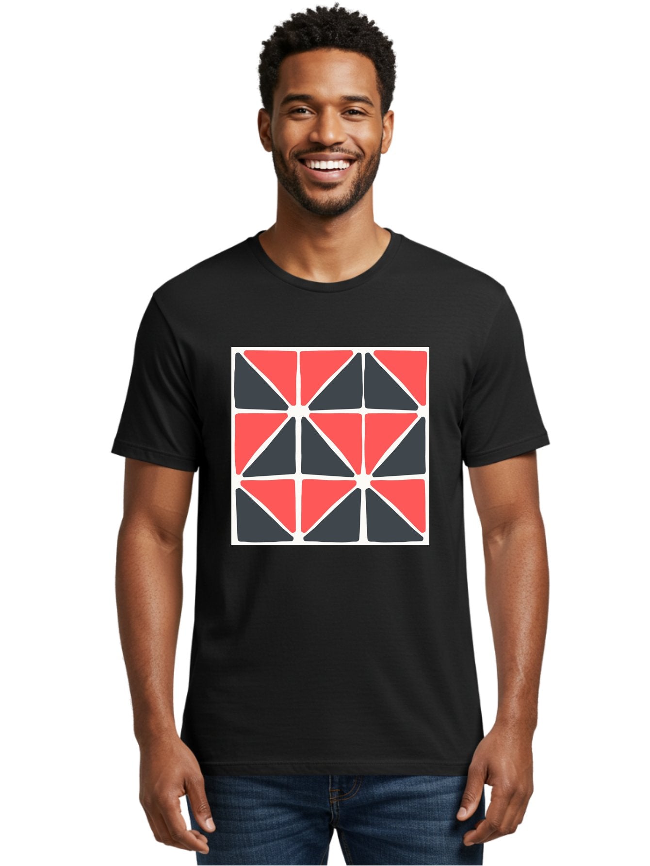 Geometric-Pattern-3 Men'S Graphic Tee, 100% Cotton, Comfortable Casual Summer Wear, Machine Washable, Geometric Pattern, Red And Black Triangles, Abstract Design, Symmetrical Shapes, Modern Art, Minimalist Style, Bold Colors, Aab751 16