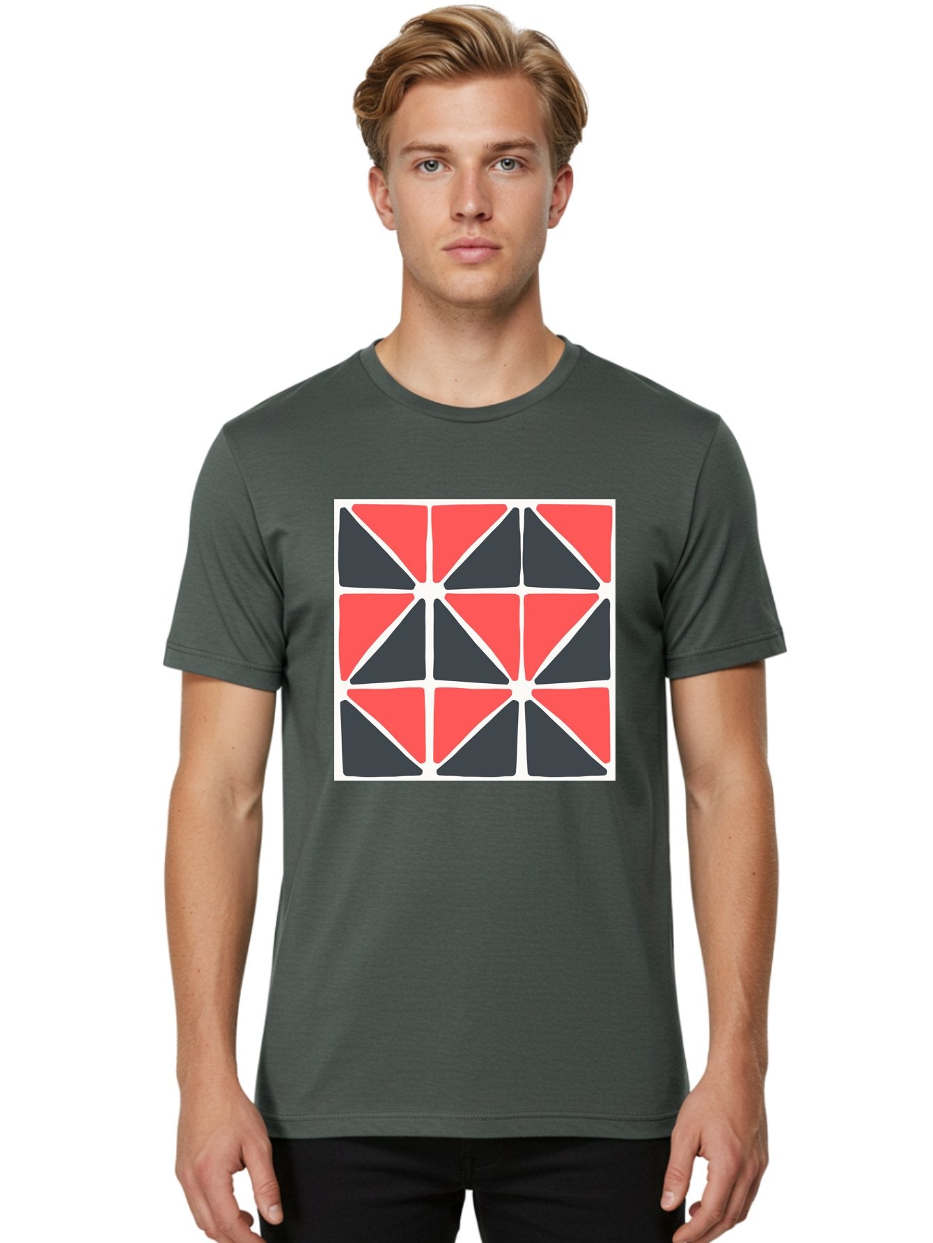 Geometric-Pattern-3 Men'S Graphic Tee, 100% Cotton, Comfortable Casual Summer Wear, Machine Washable, Geometric Pattern, Red And Black Triangles, Abstract Design, Symmetrical Shapes, Modern Art, Minimalist Style, Bold Colors, Aab751 29