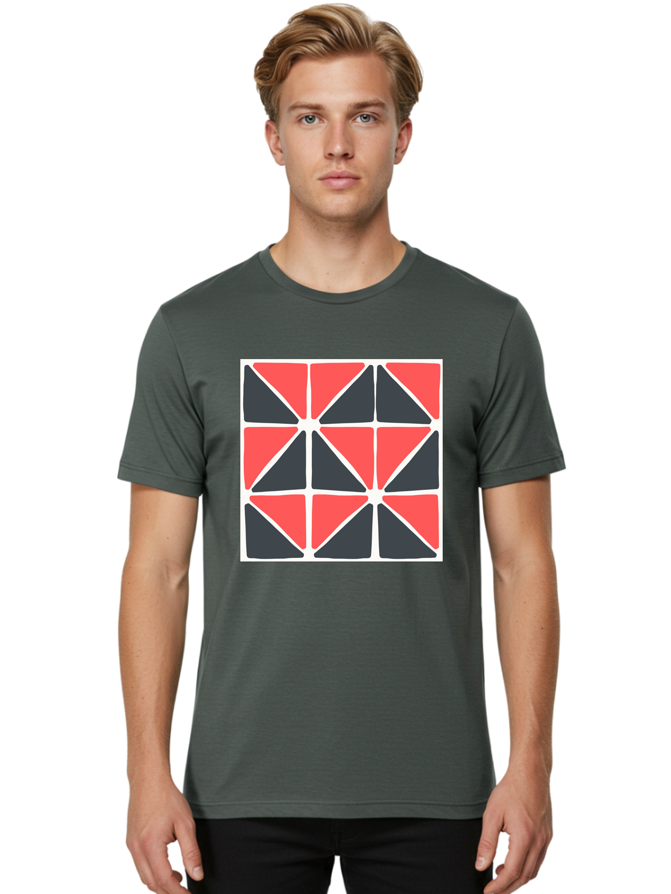 Geometric-Pattern-3 Men'S Graphic Tee, 100% Cotton, Comfortable Casual Summer Wear, Machine Washable, Geometric Pattern, Red And Black Triangles, Abstract Design, Symmetrical Shapes, Modern Art, Minimalist Style, Bold Colors, Aab751 4