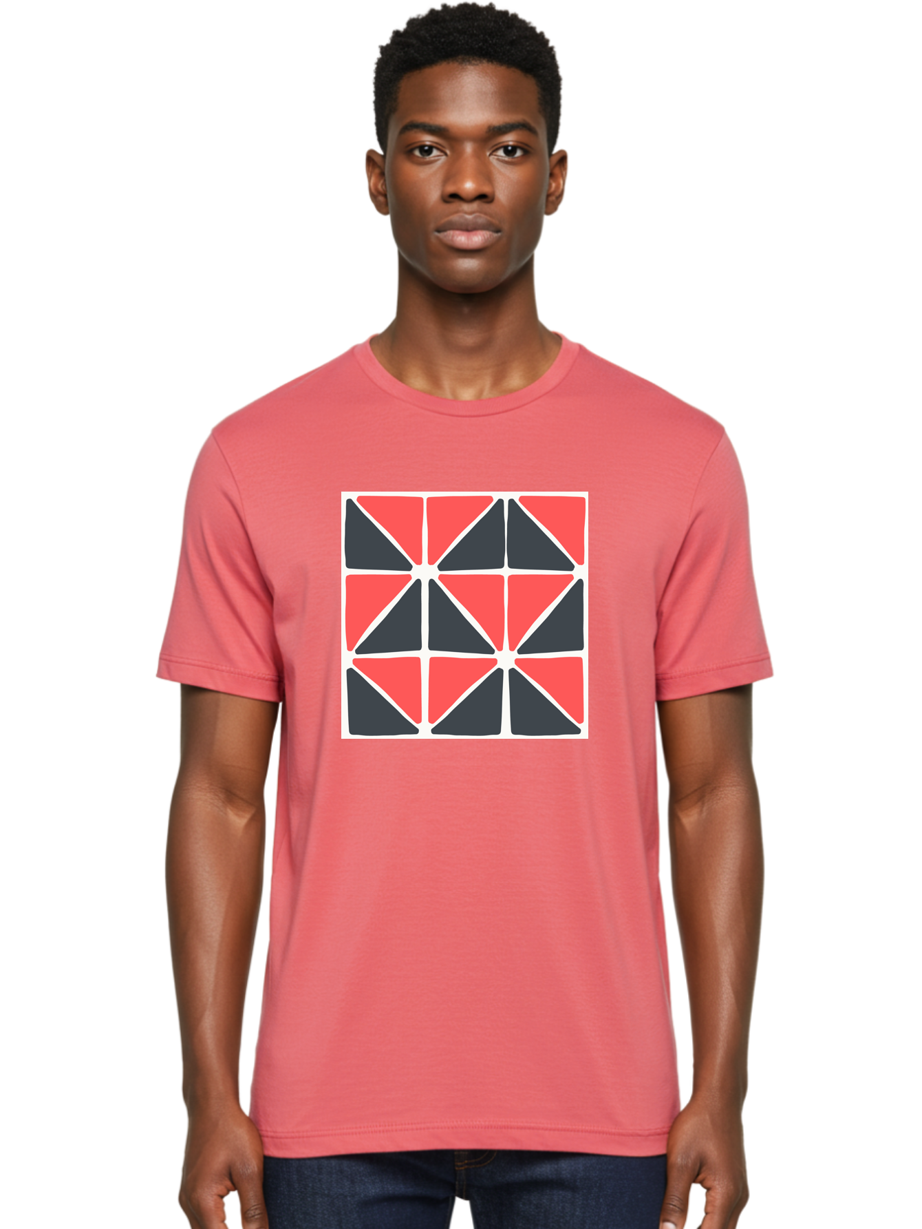 Geometric-Pattern-3 Men'S Graphic Tee, 100% Cotton, Comfortable Casual Summer Wear, Machine Washable, Geometric Pattern, Red And Black Triangles, Abstract Design, Symmetrical Shapes, Modern Art, Minimalist Style, Bold Colors, Aab751 20