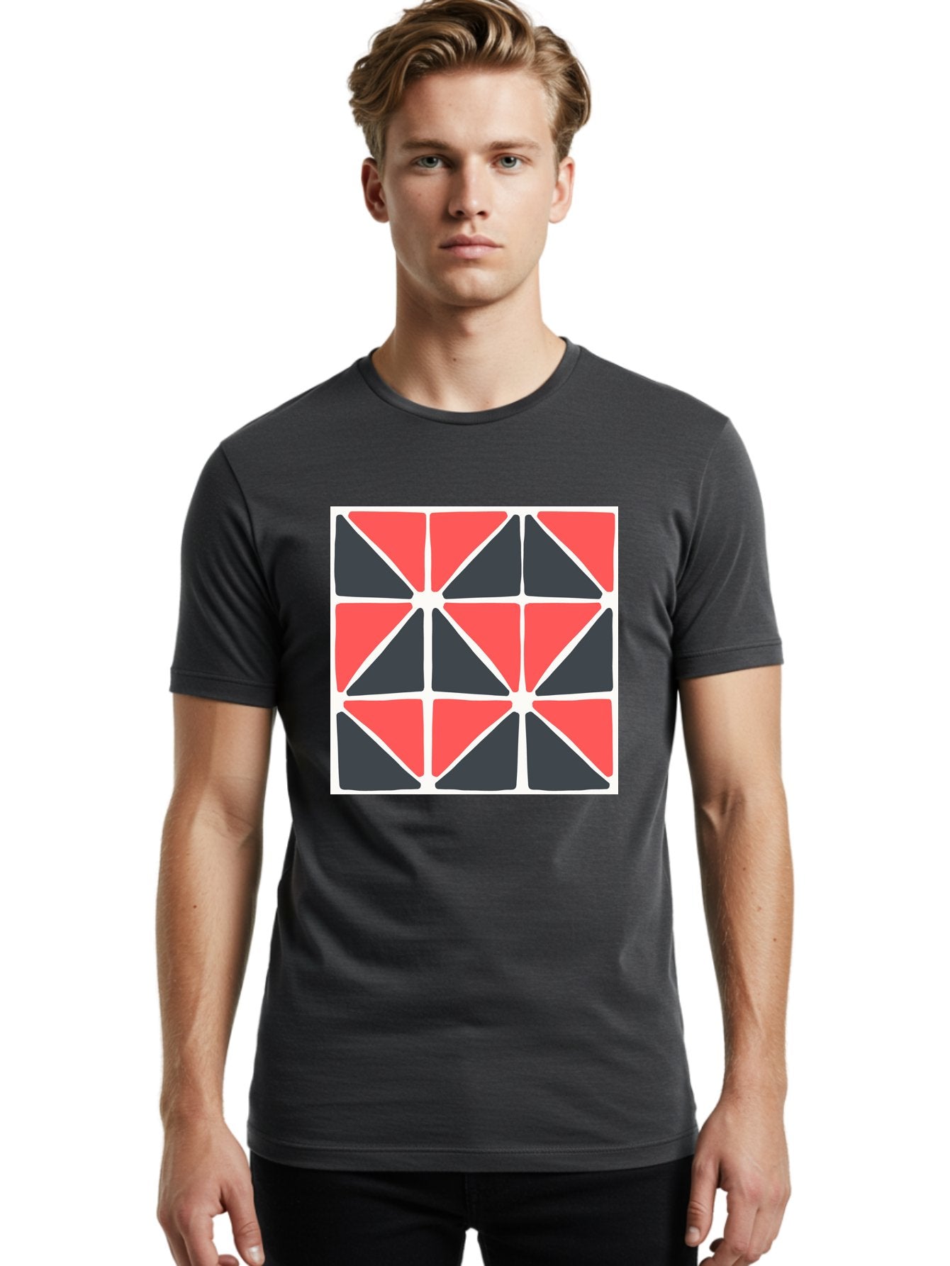 Geometric-Pattern-3 Men'S Graphic Tee, 100% Cotton, Comfortable Casual Summer Wear, Machine Washable, Geometric Pattern, Red And Black Triangles, Abstract Design, Symmetrical Shapes, Modern Art, Minimalist Style, Bold Colors, Aab751 20