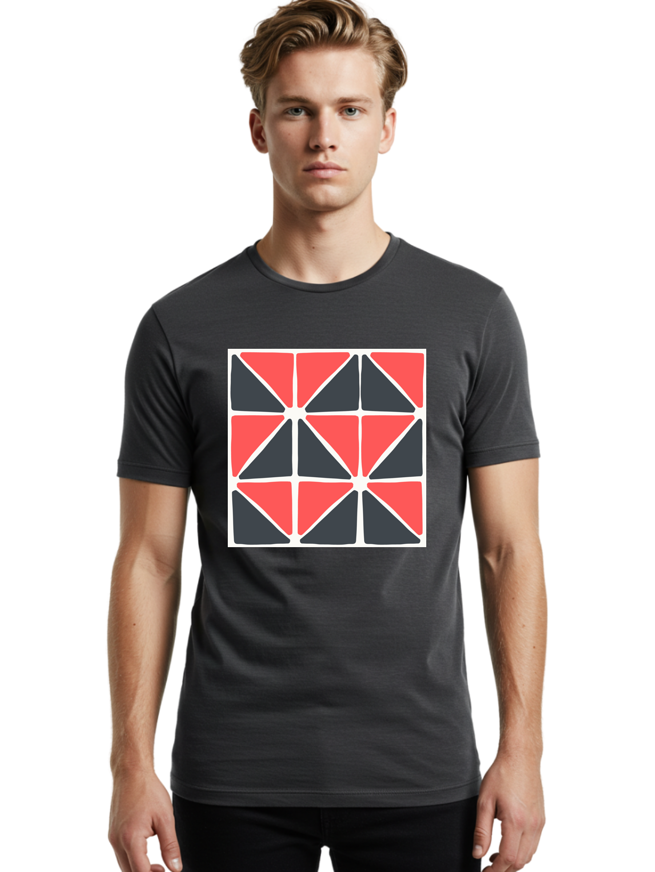 Geometric-Pattern-3 Men'S Graphic Tee, 100% Cotton, Comfortable Casual Summer Wear, Machine Washable, Geometric Pattern, Red And Black Triangles, Abstract Design, Symmetrical Shapes, Modern Art, Minimalist Style, Bold Colors, Aab751 30