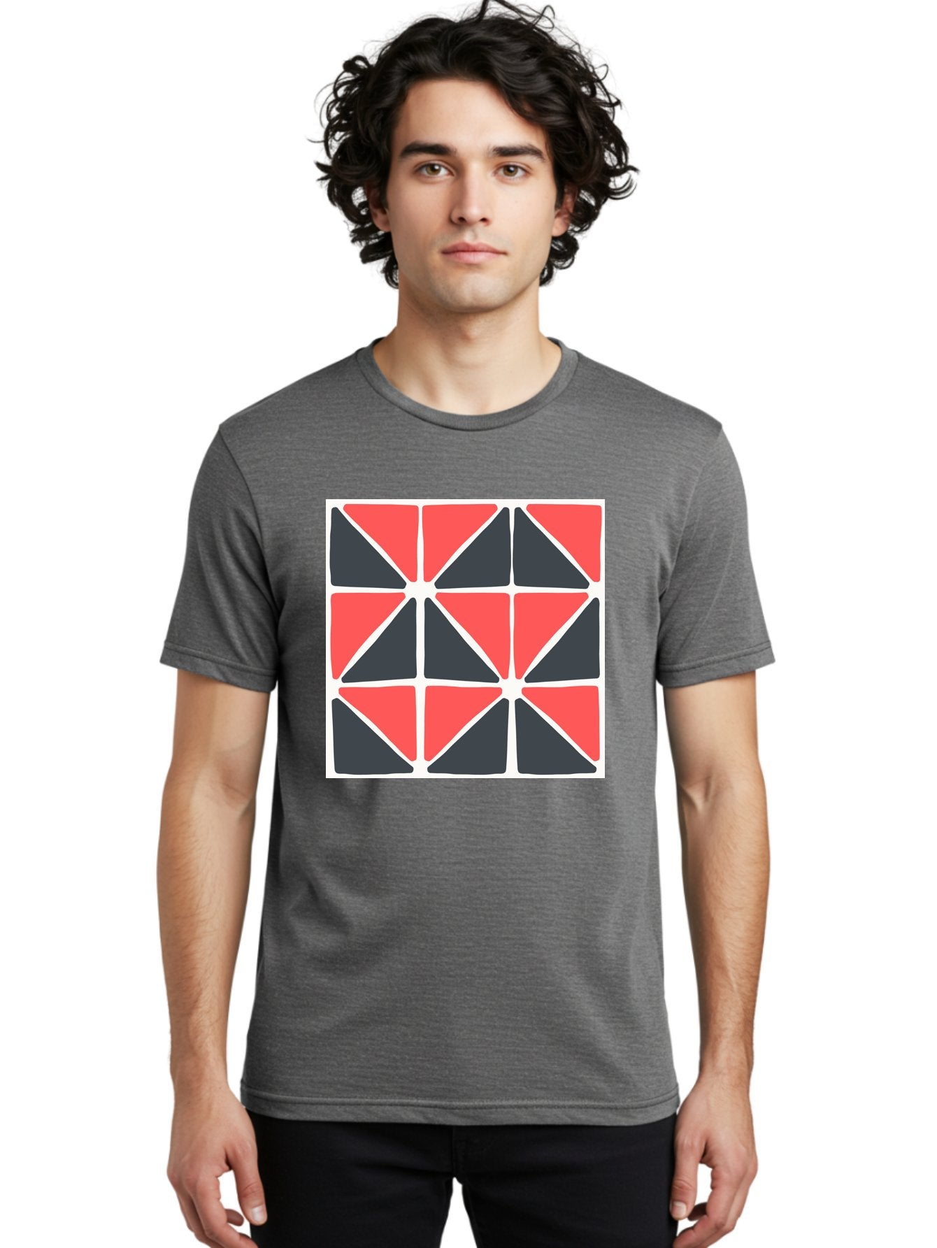 Geometric-Pattern-3 Men'S Graphic Tee, 100% Cotton, Comfortable Casual Summer Wear, Machine Washable, Geometric Pattern, Red And Black Triangles, Abstract Design, Symmetrical Shapes, Modern Art, Minimalist Style, Bold Colors, Aab751 19