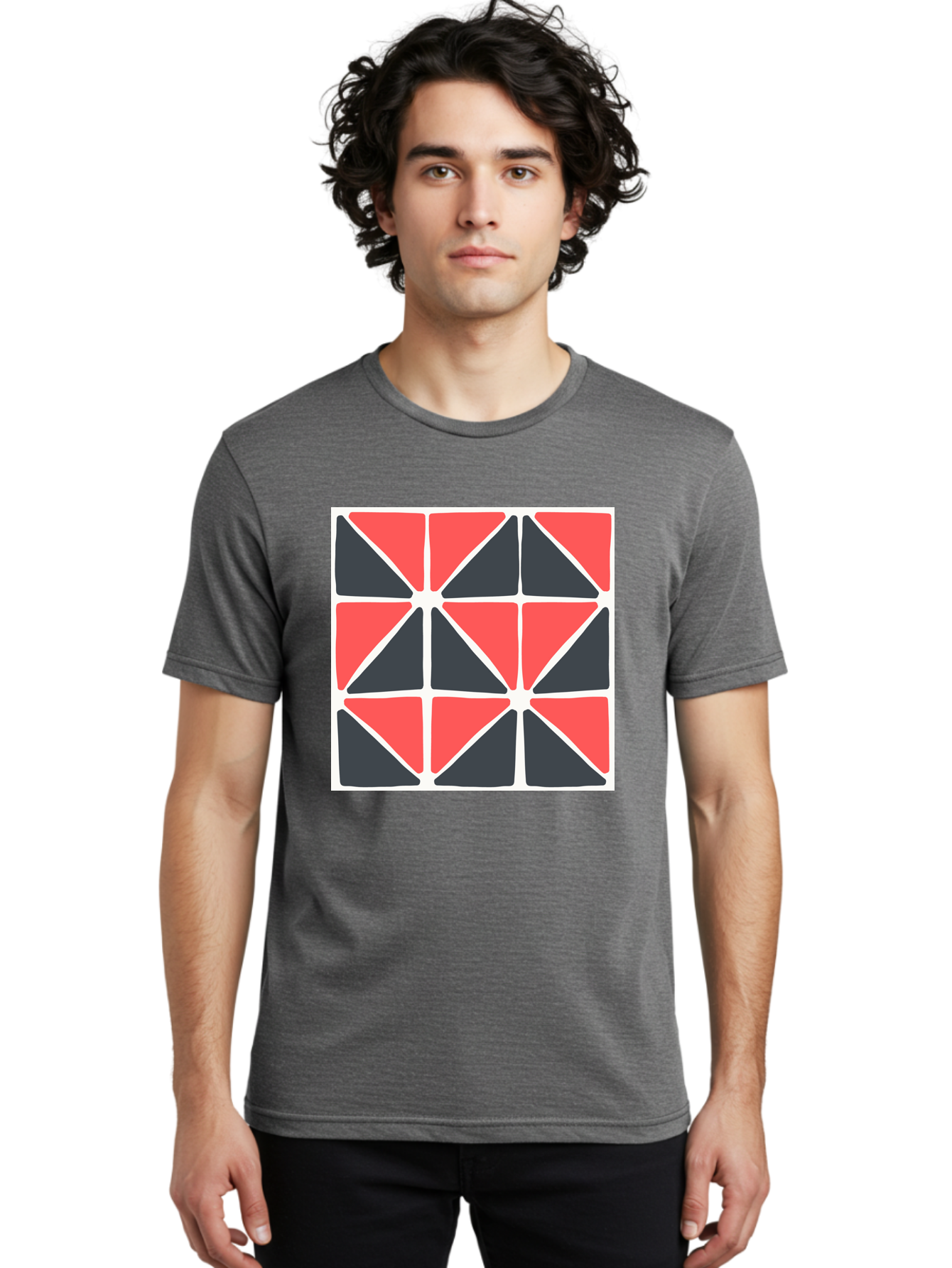 Geometric-Pattern-3 Men'S Graphic Tee, 100% Cotton, Comfortable Casual Summer Wear, Machine Washable, Geometric Pattern, Red And Black Triangles, Abstract Design, Symmetrical Shapes, Modern Art, Minimalist Style, Bold Colors, Aab751 22
