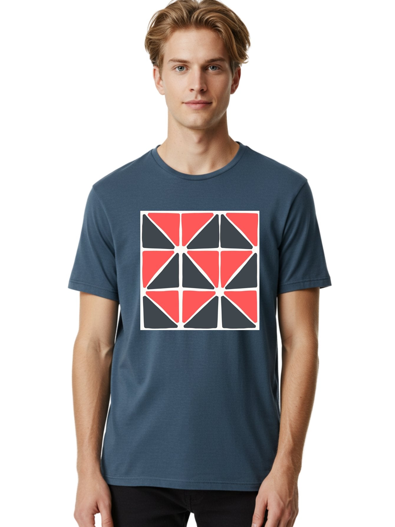 Geometric-Pattern-3 Men'S Graphic Tee, 100% Cotton, Comfortable Casual Summer Wear, Machine Washable, Geometric Pattern, Red And Black Triangles, Abstract Design, Symmetrical Shapes, Modern Art, Minimalist Style, Bold Colors, Aab751 26