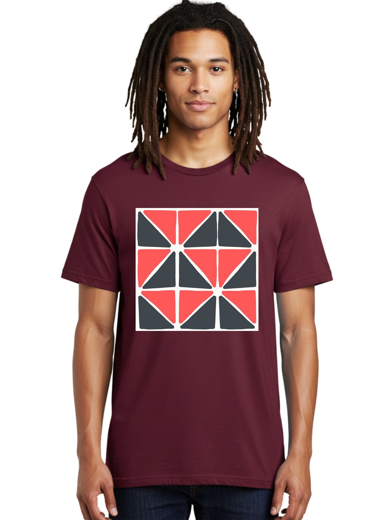 Geometric-Pattern-3 Men'S Graphic Tee, 100% Cotton, Comfortable Casual Summer Wear, Machine Washable, Geometric Pattern, Red And Black Triangles, Abstract Design, Symmetrical Shapes, Modern Art, Minimalist Style, Bold Colors, Aab751 17