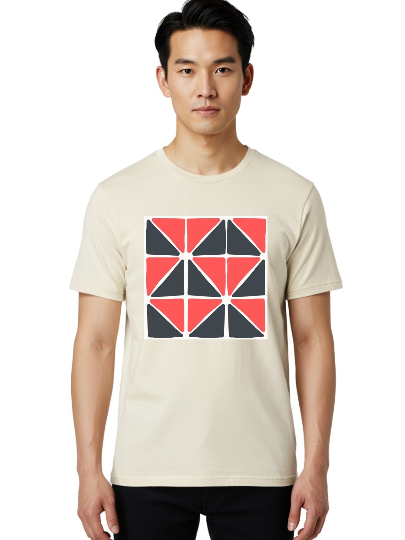 Geometric-Pattern-3 Men'S Graphic Tee, 100% Cotton, Comfortable Casual Summer Wear, Machine Washable, Geometric Pattern, Red And Black Triangles, Abstract Design, Symmetrical Shapes, Modern Art, Minimalist Style, Bold Colors, Aab751 22