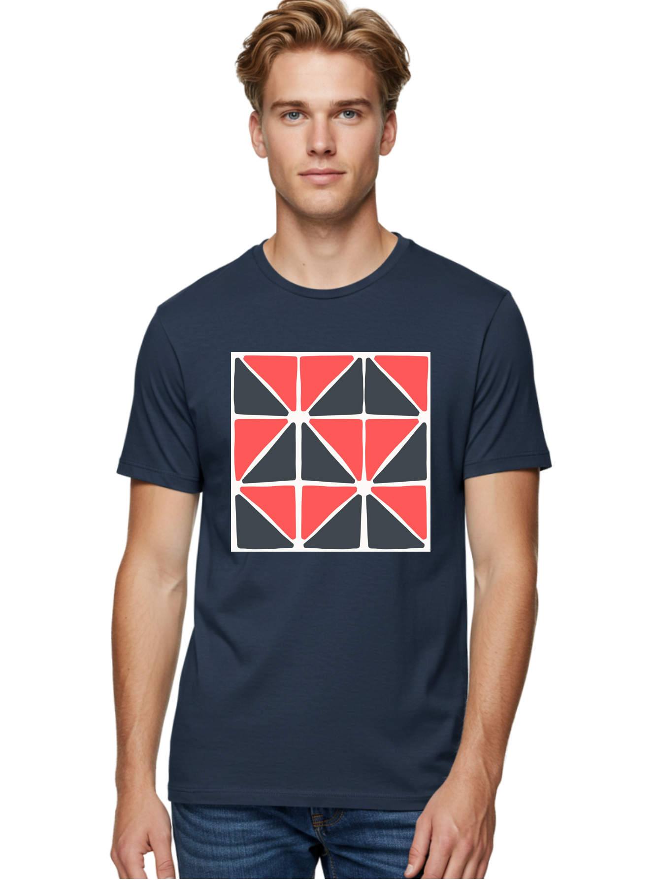 Geometric-Pattern-3 Men'S Graphic Tee, 100% Cotton, Comfortable Casual Summer Wear, Machine Washable, Geometric Pattern, Red And Black Triangles, Abstract Design, Symmetrical Shapes, Modern Art, Minimalist Style, Bold Colors, Aab751 16