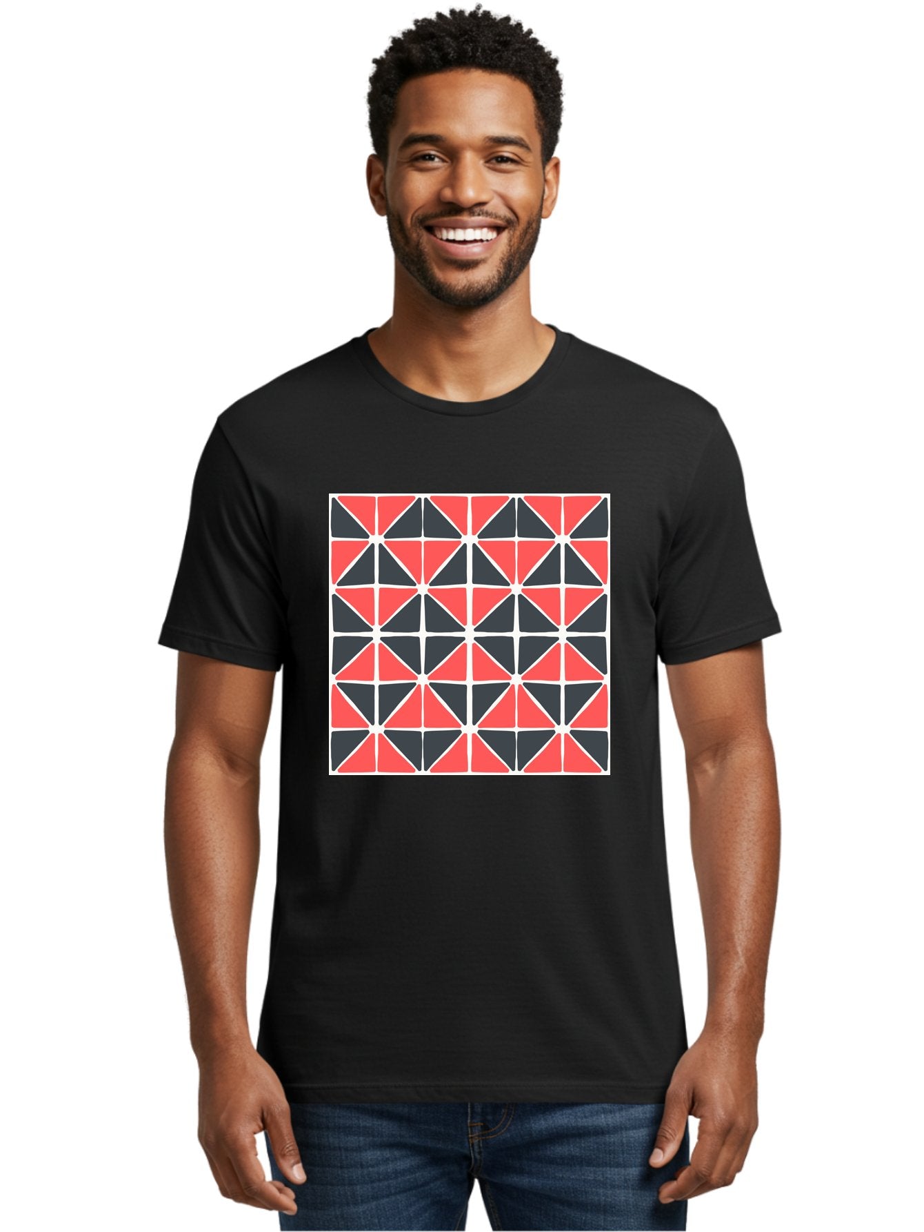 Geometric-Pattern Men'S Graphic Tee, 100% Cotton, Comfortable Casual Summer Wear, Machine Washable, Geometric Pattern, Red And Black Triangles, Abstract Design, Modern Art, Seamless Pattern, Graphic Design, Symmetrical Shapes, Aab752 20