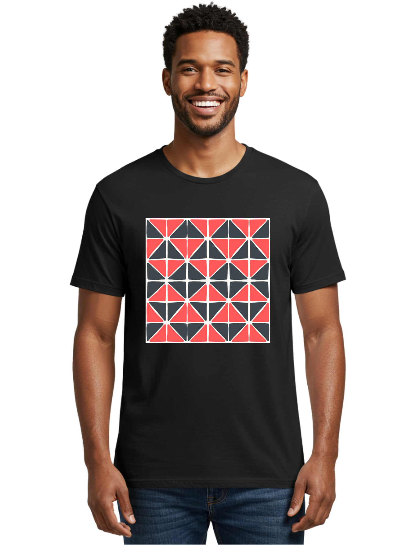 Geometric-Pattern Men'S Graphic Tee, 100% Cotton, Comfortable Casual Summer Wear, Machine Washable, Geometric Pattern, Red And Black Triangles, Abstract Design, Modern Art, Seamless Pattern, Graphic Design, Symmetrical Shapes, Aab752 30