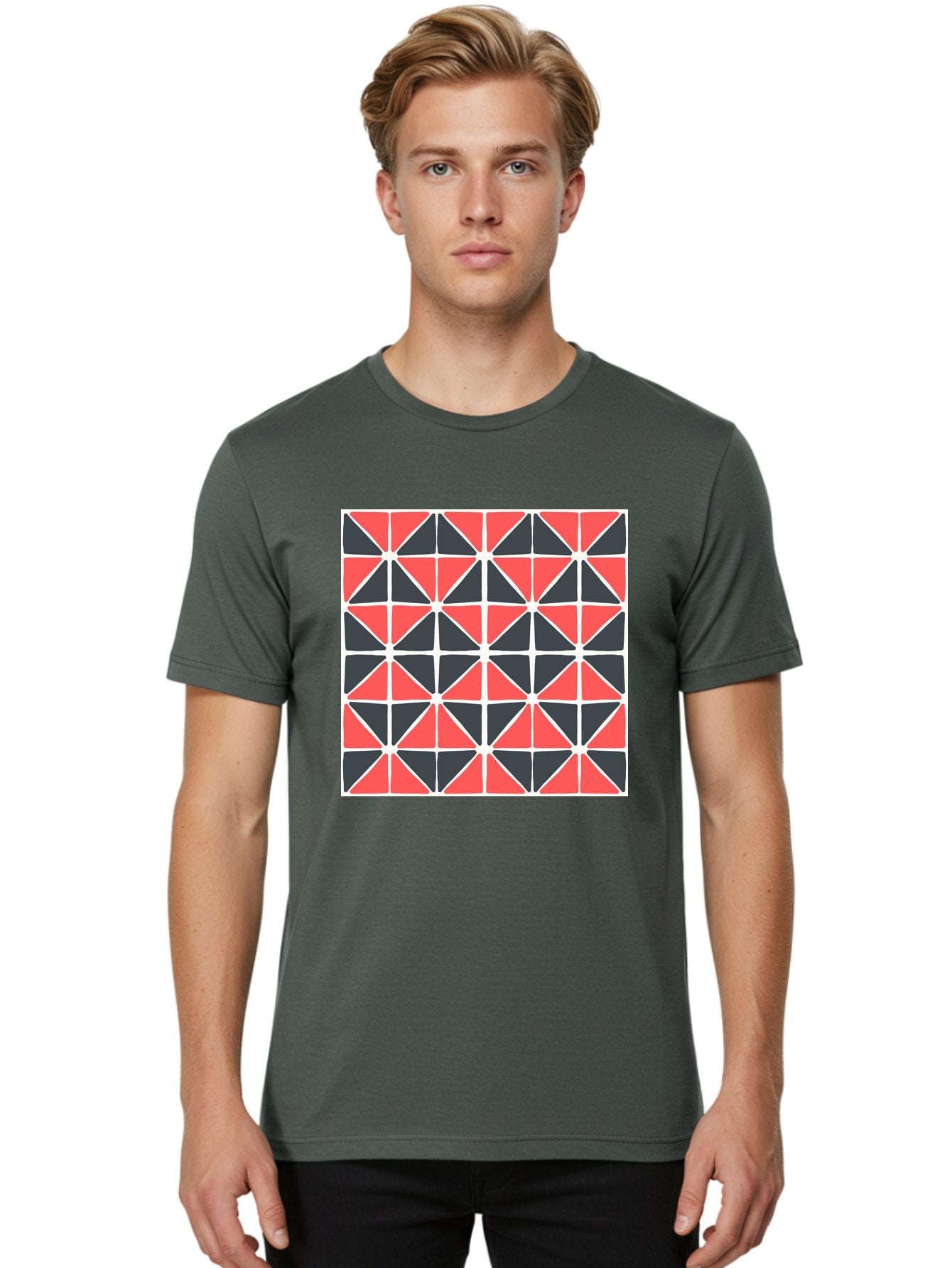 Geometric-Pattern Men'S Graphic Tee, 100% Cotton, Comfortable Casual Summer Wear, Machine Washable, Geometric Pattern, Red And Black Triangles, Abstract Design, Modern Art, Seamless Pattern, Graphic Design, Symmetrical Shapes, Aab752 18