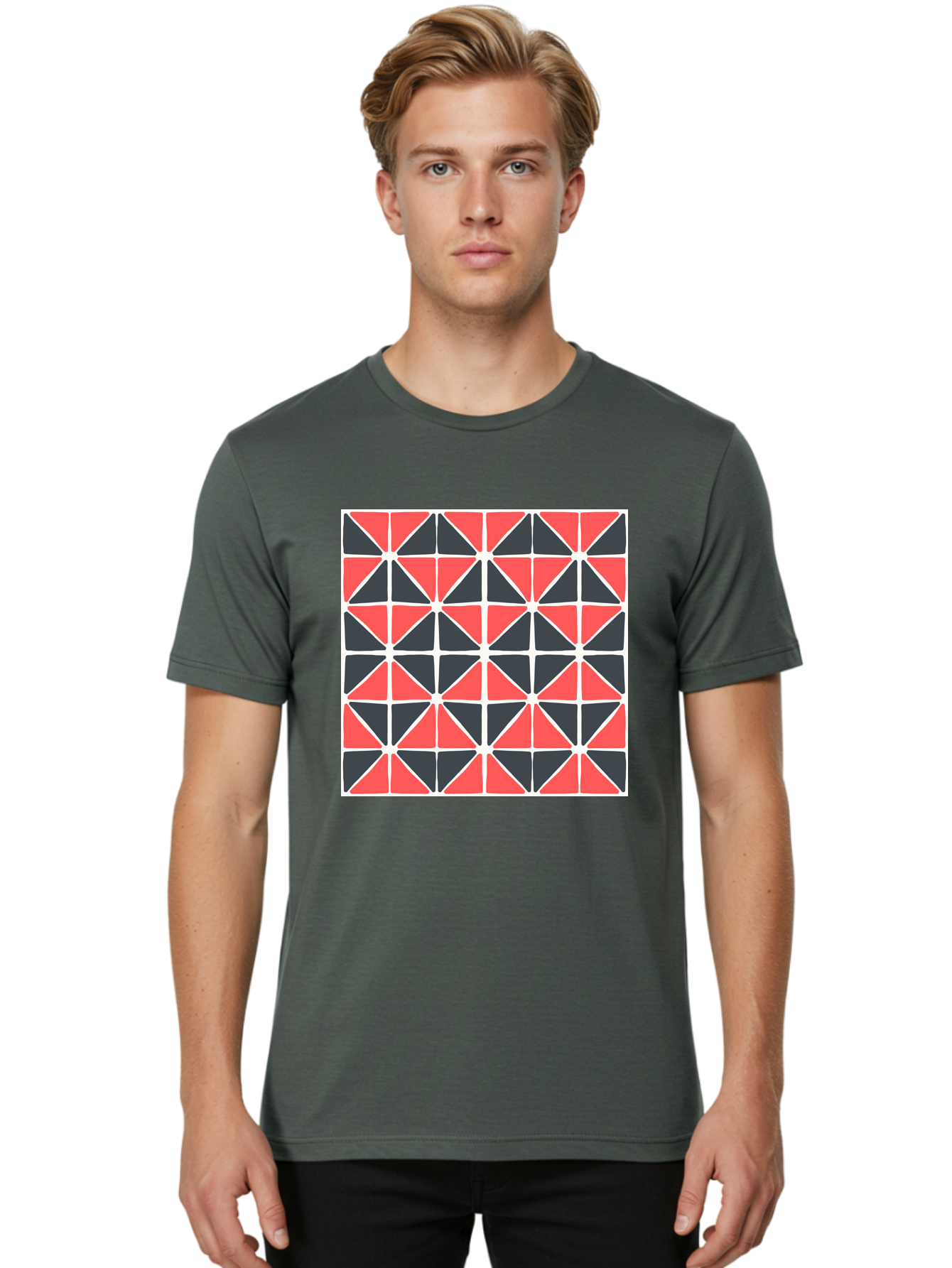Geometric-Pattern Men'S Graphic Tee, 100% Cotton, Comfortable Casual Summer Wear, Machine Washable, Geometric Pattern, Red And Black Triangles, Abstract Design, Modern Art, Seamless Pattern, Graphic Design, Symmetrical Shapes, Aab752 24