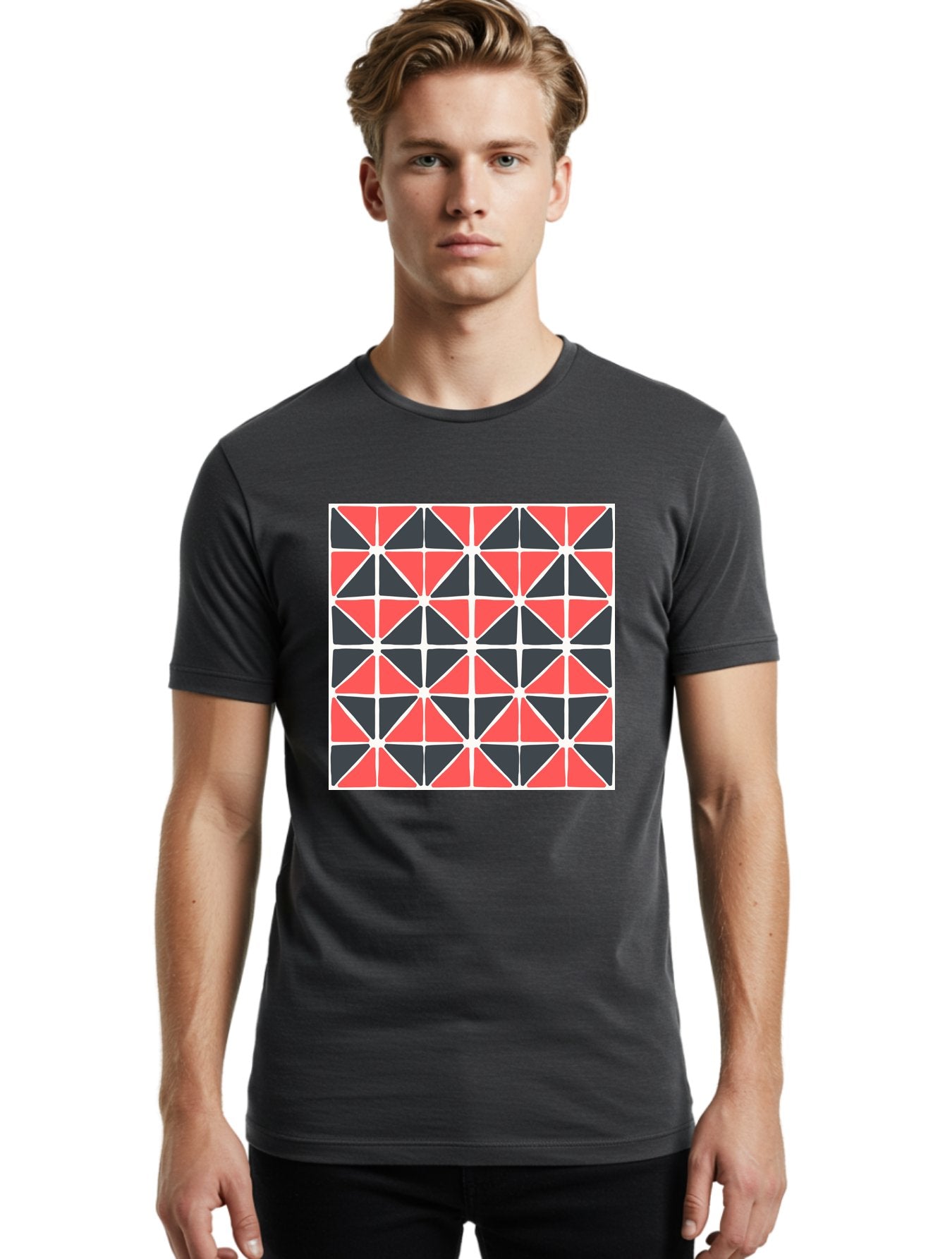 Geometric-Pattern Men'S Graphic Tee, 100% Cotton, Comfortable Casual Summer Wear, Machine Washable, Geometric Pattern, Red And Black Triangles, Abstract Design, Modern Art, Seamless Pattern, Graphic Design, Symmetrical Shapes, Aab752 22