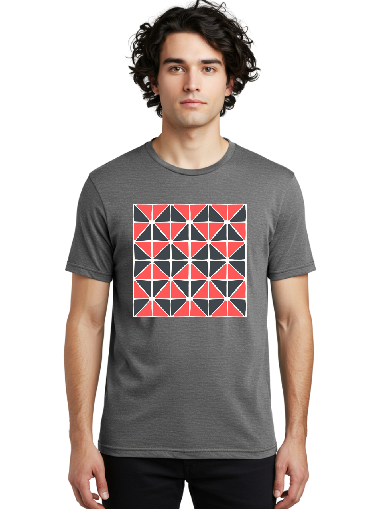Geometric-Pattern Men'S Graphic Tee, 100% Cotton, Comfortable Casual Summer Wear, Machine Washable, Geometric Pattern, Red And Black Triangles, Abstract Design, Modern Art, Seamless Pattern, Graphic Design, Symmetrical Shapes, Aab752 4