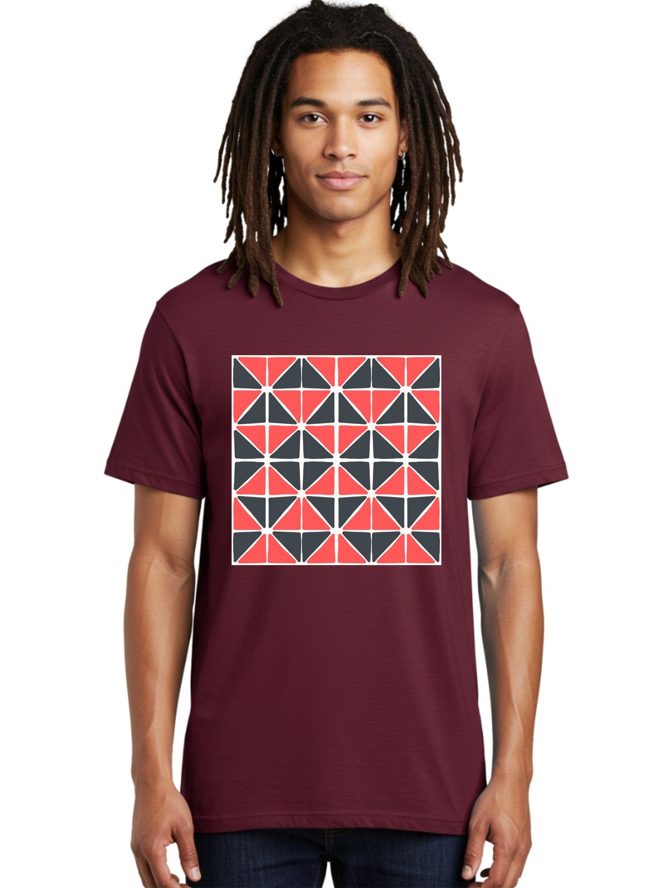 Geometric-Pattern Men'S Graphic Tee, 100% Cotton, Comfortable Casual Summer Wear, Machine Washable, Geometric Pattern, Red And Black Triangles, Abstract Design, Modern Art, Seamless Pattern, Graphic Design, Symmetrical Shapes, Aab752 17