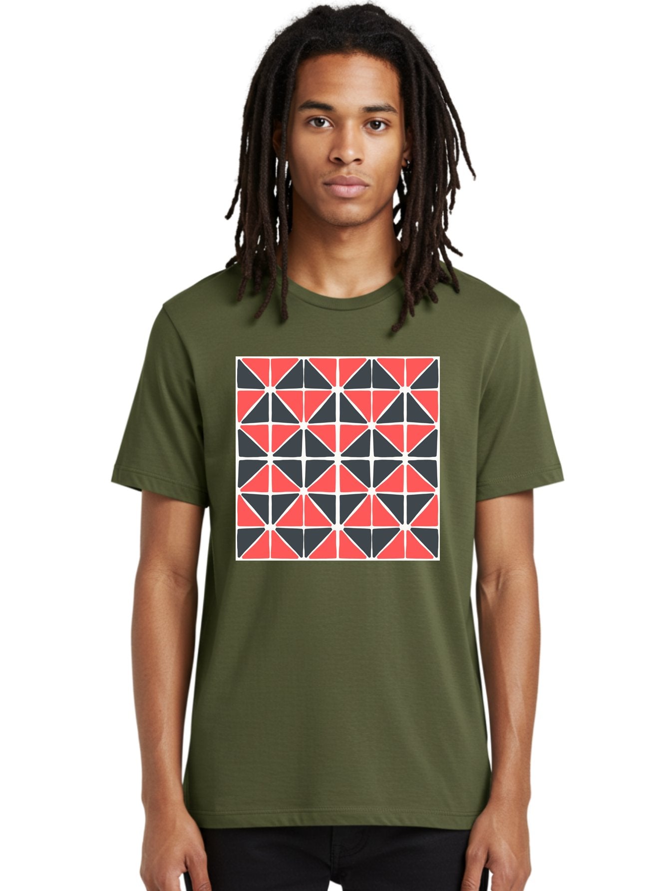 Geometric-Pattern Men'S Graphic Tee, 100% Cotton, Comfortable Casual Summer Wear, Machine Washable, Geometric Pattern, Red And Black Triangles, Abstract Design, Modern Art, Seamless Pattern, Graphic Design, Symmetrical Shapes, Aab752 23
