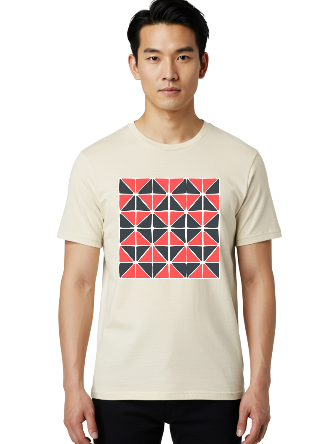 Geometric-Pattern Men'S Graphic Tee, 100% Cotton, Comfortable Casual Summer Wear, Machine Washable, Geometric Pattern, Red And Black Triangles, Abstract Design, Modern Art, Seamless Pattern, Graphic Design, Symmetrical Shapes, Aab752 6