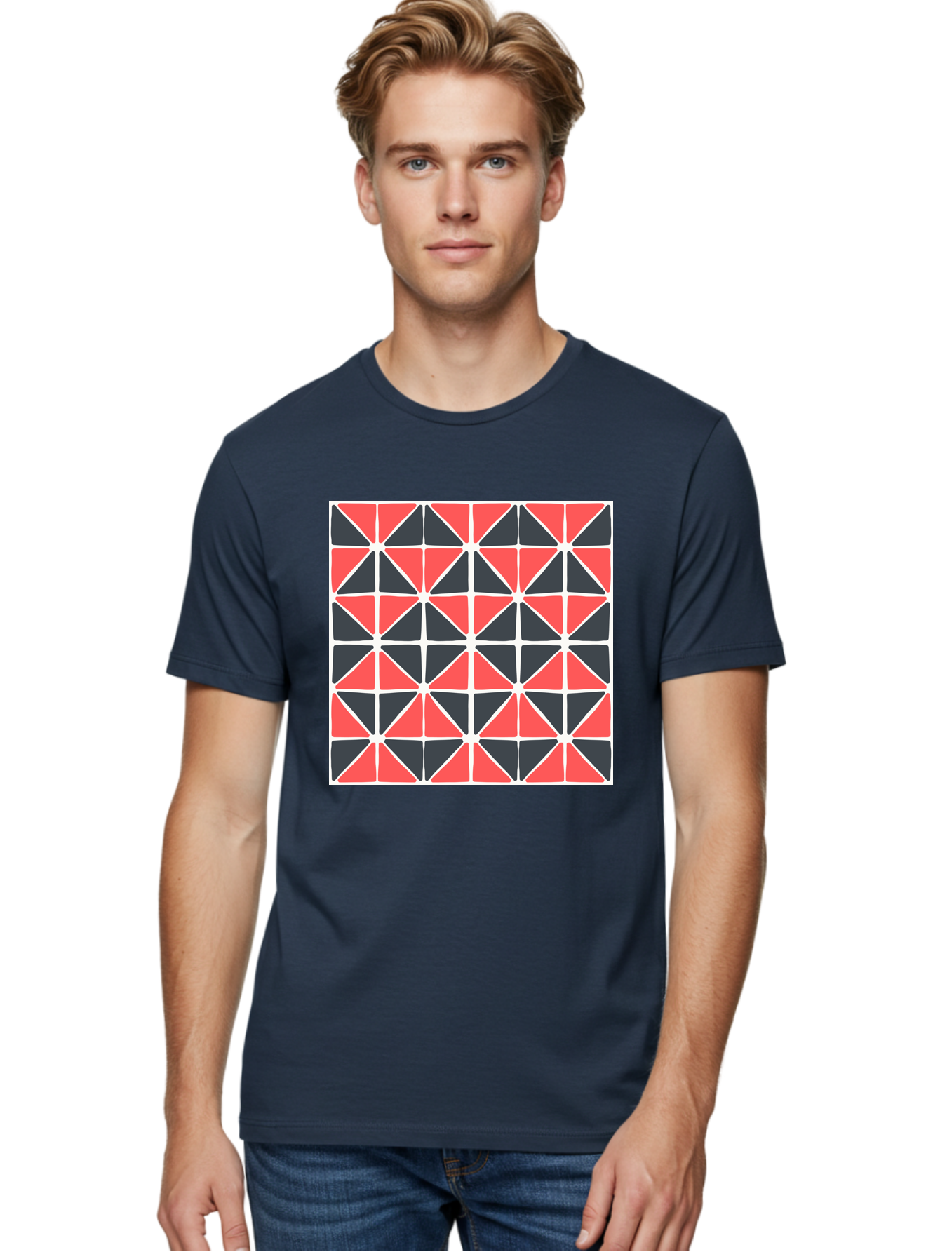 Geometric-Pattern Men'S Graphic Tee, 100% Cotton, Comfortable Casual Summer Wear, Machine Washable, Geometric Pattern, Red And Black Triangles, Abstract Design, Modern Art, Seamless Pattern, Graphic Design, Symmetrical Shapes, Aab752 26