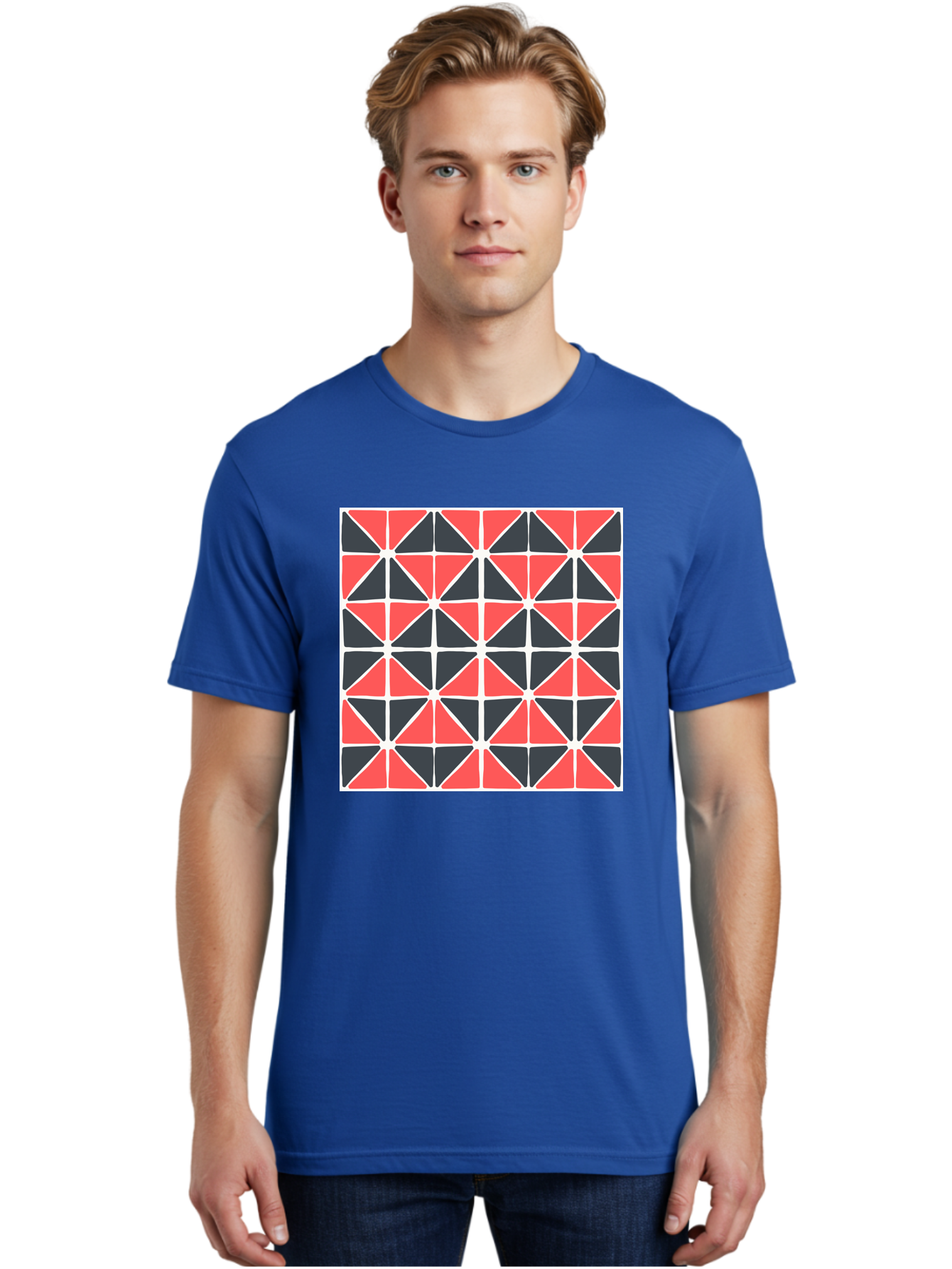 Geometric-Pattern Men'S Graphic Tee, 100% Cotton, Comfortable Casual Summer Wear, Machine Washable, Geometric Pattern, Red And Black Triangles, Abstract Design, Modern Art, Seamless Pattern, Graphic Design, Symmetrical Shapes, Aab752 14