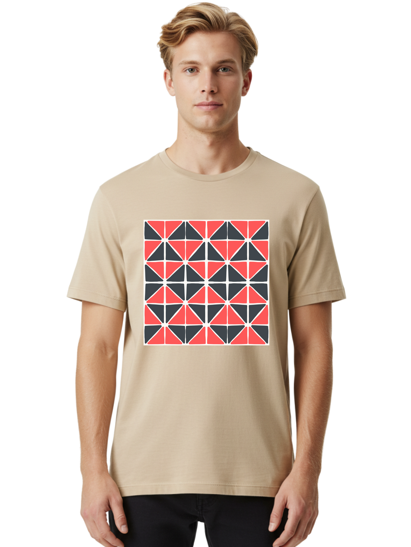 Geometric-Pattern Men'S Graphic Tee, 100% Cotton, Comfortable Casual Summer Wear, Machine Washable, Geometric Pattern, Red And Black Triangles, Abstract Design, Modern Art, Seamless Pattern, Graphic Design, Symmetrical Shapes, Aab752 20