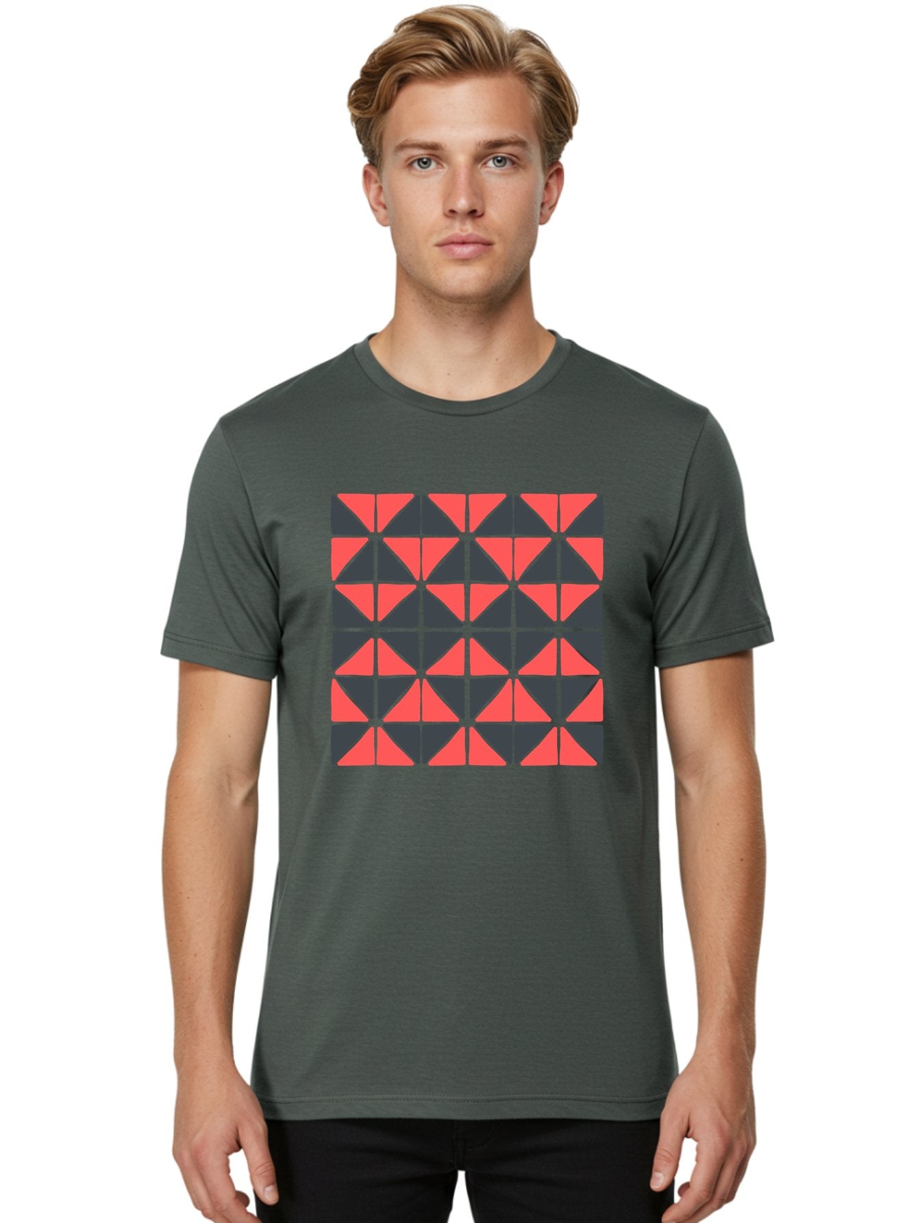 Geometric-Triangles Men'S Graphic Tee, 100% Cotton, Comfortable Casual Summer Wear, Machine Washable, Repeating Pattern Of Triangles, Geometric Shapes, Symmetrical Design, Black And Red Triangles, Abstract Art, Modern Graphic Design, Aab753 25