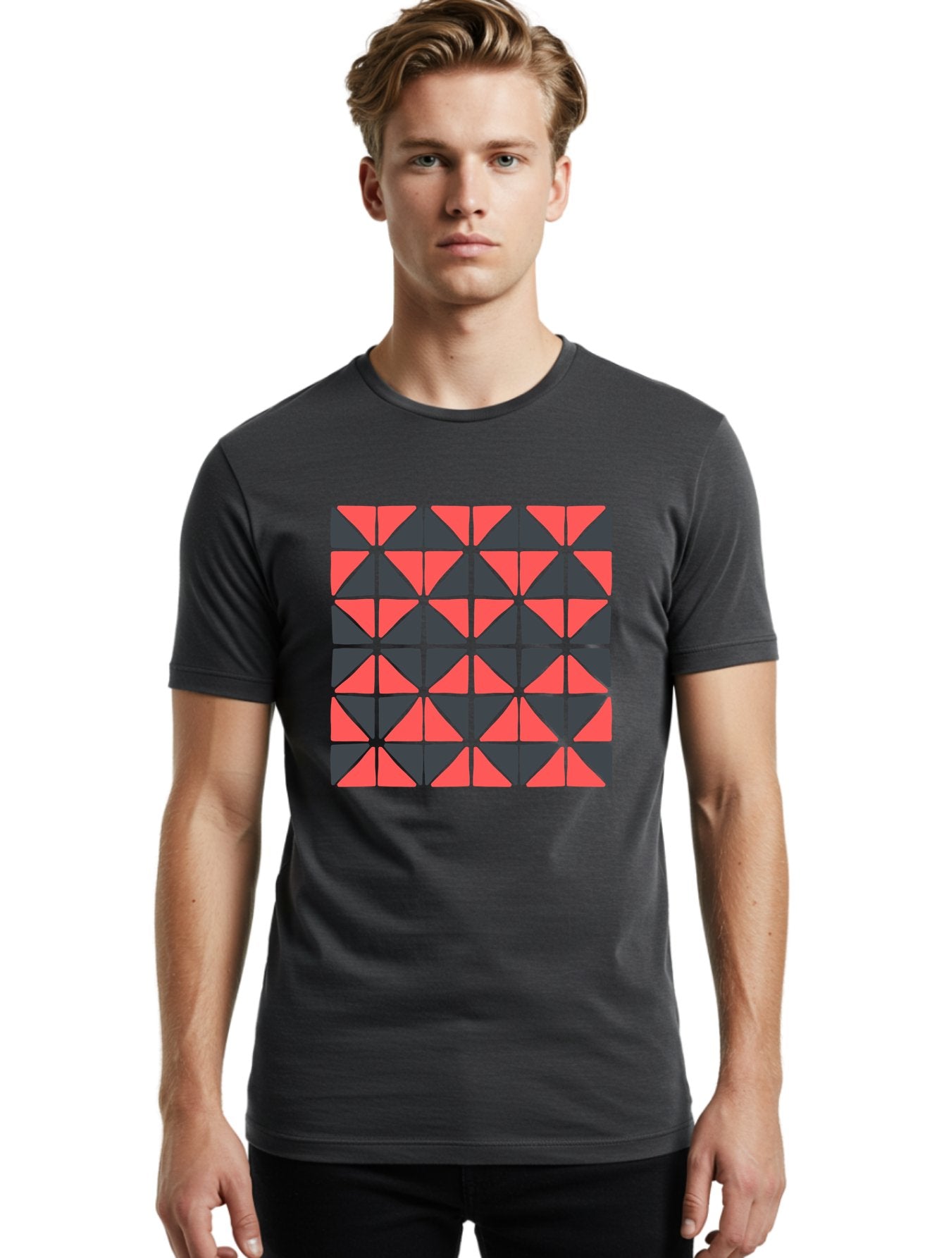 Geometric-Triangles Men'S Graphic Tee, 100% Cotton, Comfortable Casual Summer Wear, Machine Washable, Repeating Pattern Of Triangles, Geometric Shapes, Symmetrical Design, Black And Red Triangles, Abstract Art, Modern Graphic Design, Aab753 24