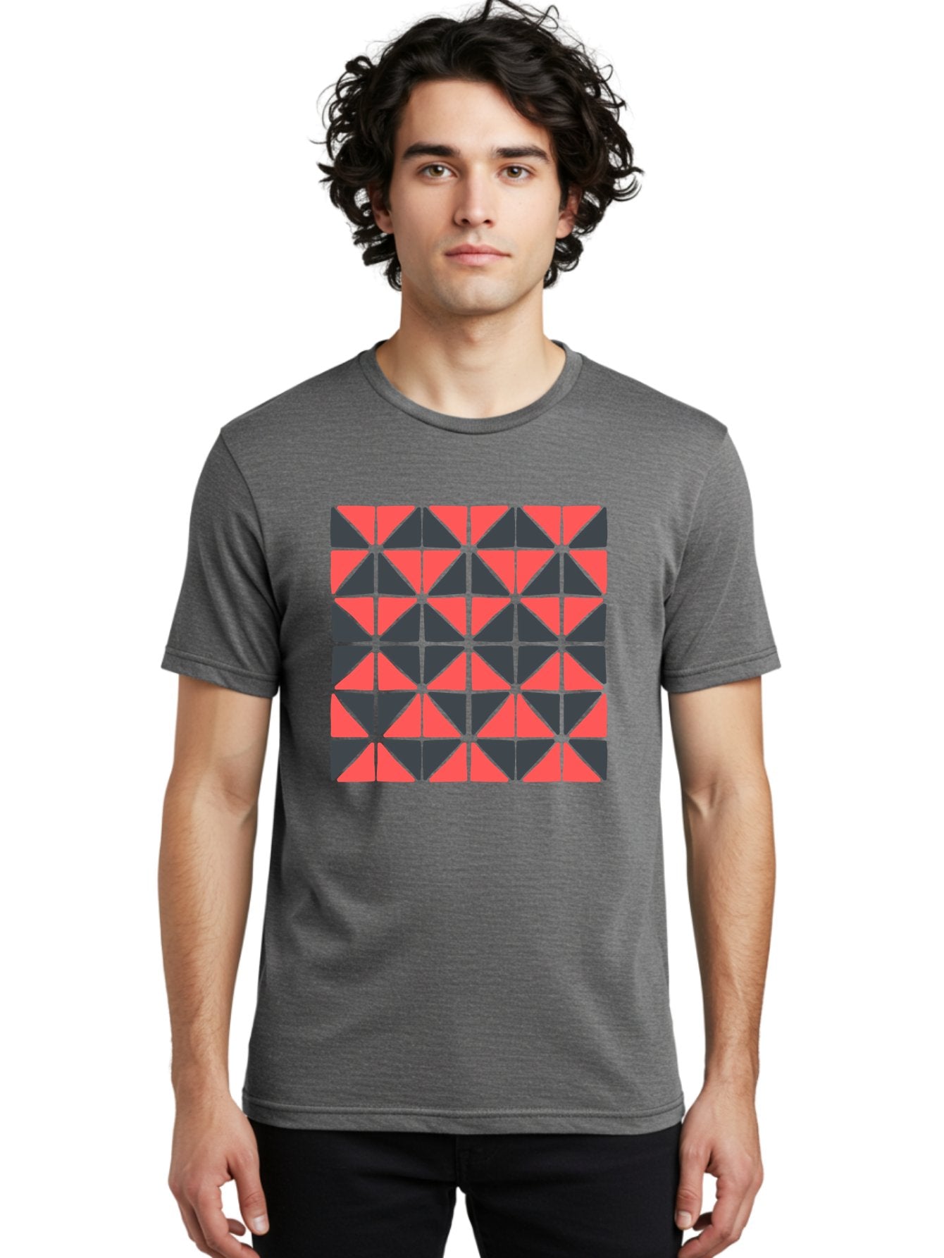 Geometric-Triangles Men'S Graphic Tee, 100% Cotton, Comfortable Casual Summer Wear, Machine Washable, Repeating Pattern Of Triangles, Geometric Shapes, Symmetrical Design, Black And Red Triangles, Abstract Art, Modern Graphic Design, Aab753 27