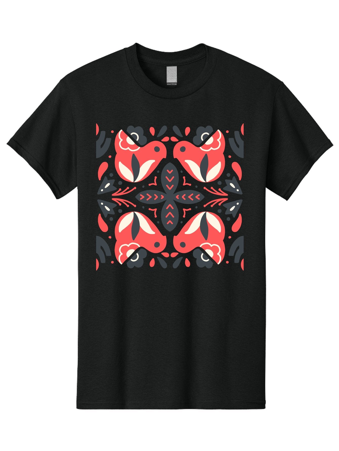 Kaleidoscope-Pattern Men'S Graphic Tee, 100% Cotton, Comfortable Casual Summer Wear, Machine Washable, Symmetrical Pattern, Floral Design, Abstract Shapes, Vibrant Colors, Bold Graphics, Modern Art, Red And White Flowers, Black Accents, Aab758 11