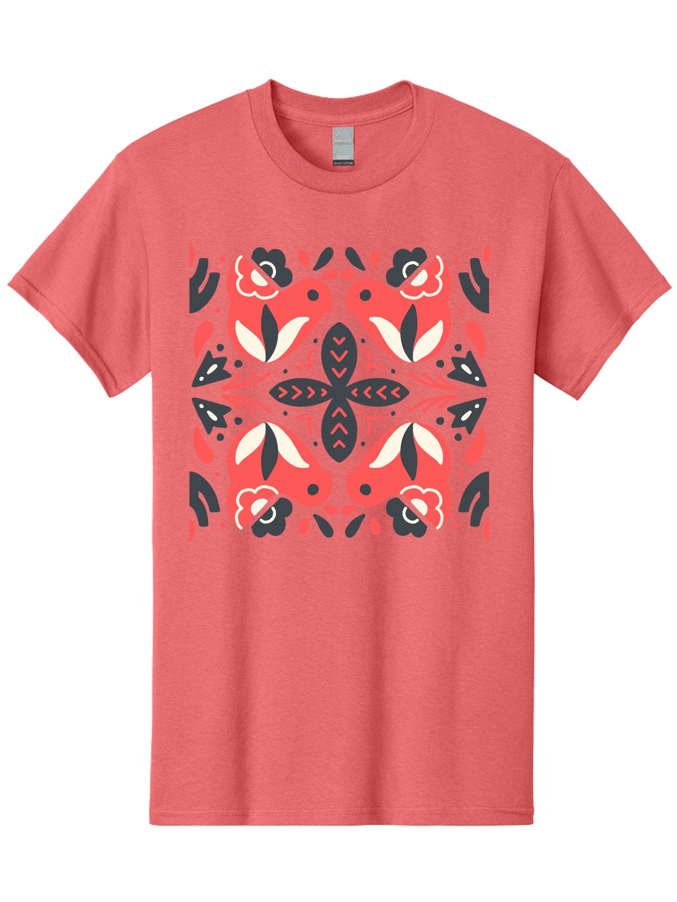 Kaleidoscope-Pattern Men'S Graphic Tee, 100% Cotton, Comfortable Casual Summer Wear, Machine Washable, Symmetrical Pattern, Floral Design, Abstract Shapes, Vibrant Colors, Bold Graphics, Modern Art, Red And White Flowers, Black Accents, Aab758 15