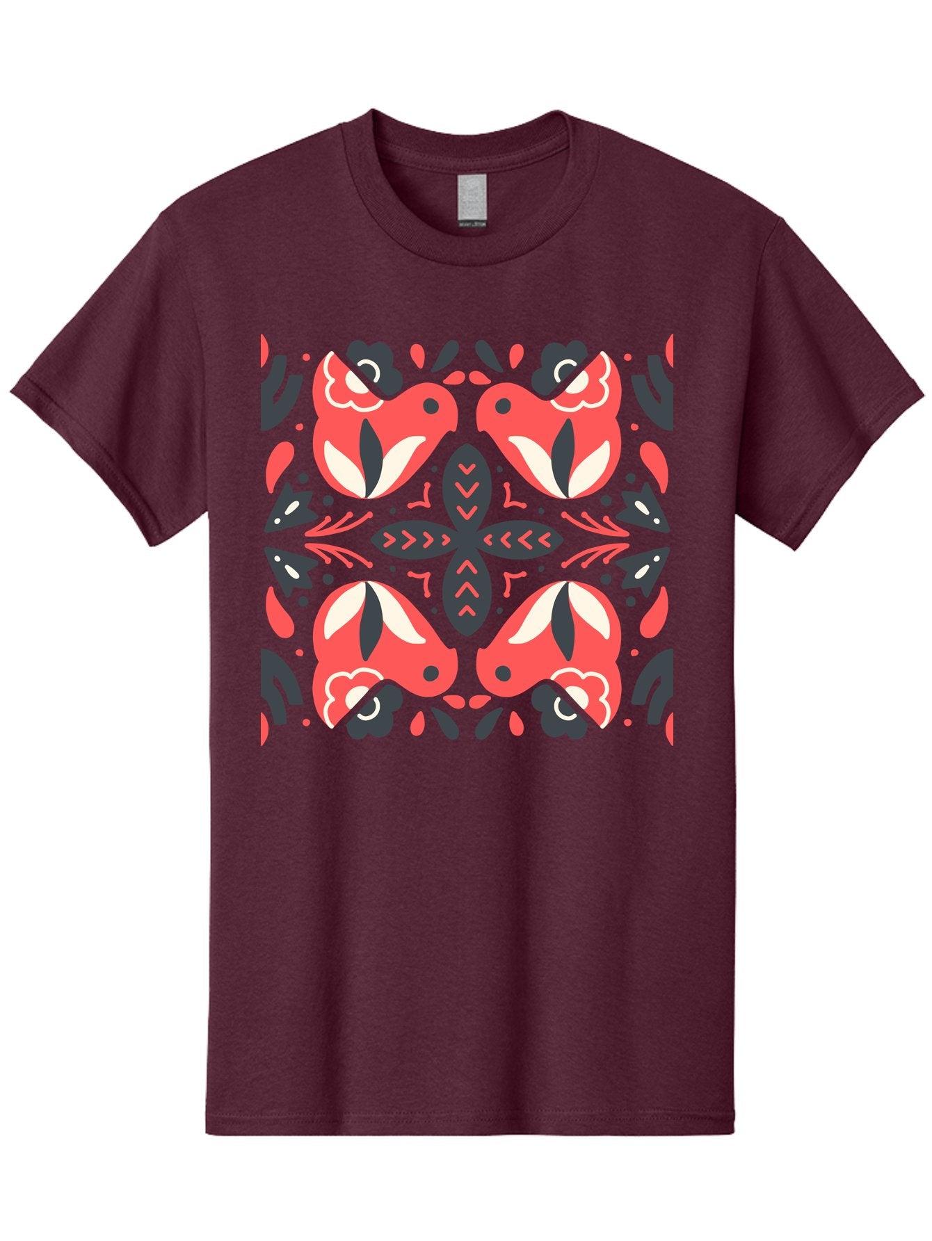 Kaleidoscope-Pattern Men'S Graphic Tee, 100% Cotton, Comfortable Casual Summer Wear, Machine Washable, Symmetrical Pattern, Floral Design, Abstract Shapes, Vibrant Colors, Bold Graphics, Modern Art, Red And White Flowers, Black Accents, Aab758