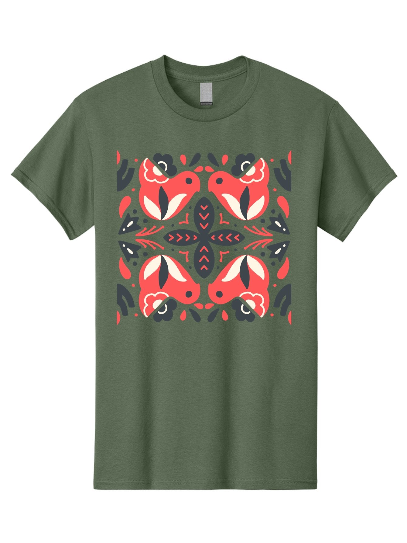 Kaleidoscope-Pattern Men'S Graphic Tee, 100% Cotton, Comfortable Casual Summer Wear, Machine Washable, Symmetrical Pattern, Floral Design, Abstract Shapes, Vibrant Colors, Bold Graphics, Modern Art, Red And White Flowers, Black Accents, Aab758 12