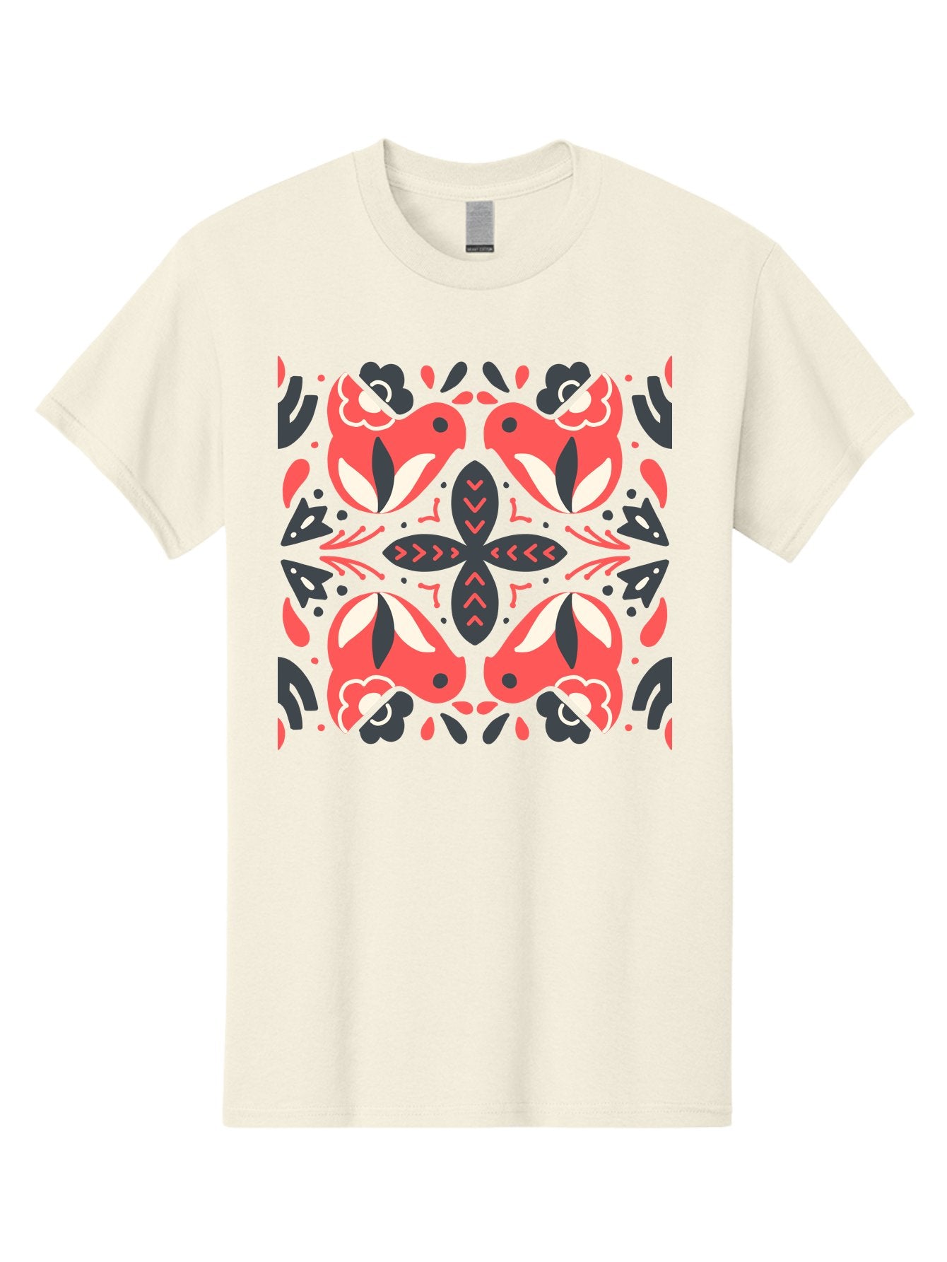 Kaleidoscope-Pattern Men'S Graphic Tee, 100% Cotton, Comfortable Casual Summer Wear, Machine Washable, Symmetrical Pattern, Floral Design, Abstract Shapes, Vibrant Colors, Bold Graphics, Modern Art, Red And White Flowers, Black Accents, Aab758 13