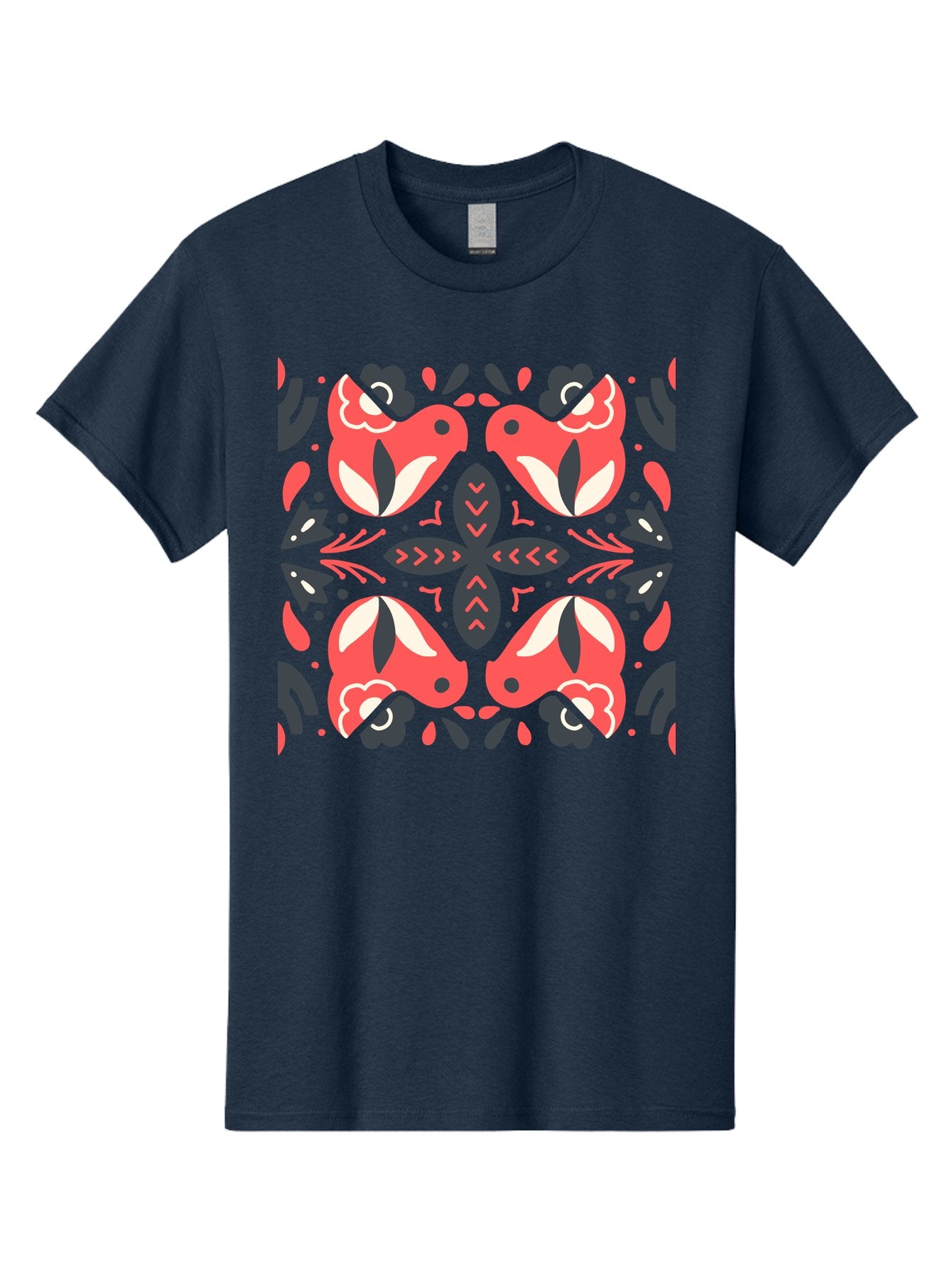 Kaleidoscope-Pattern Men'S Graphic Tee, 100% Cotton, Comfortable Casual Summer Wear, Machine Washable, Symmetrical Pattern, Floral Design, Abstract Shapes, Vibrant Colors, Bold Graphics, Modern Art, Red And White Flowers, Black Accents, Aab758 3