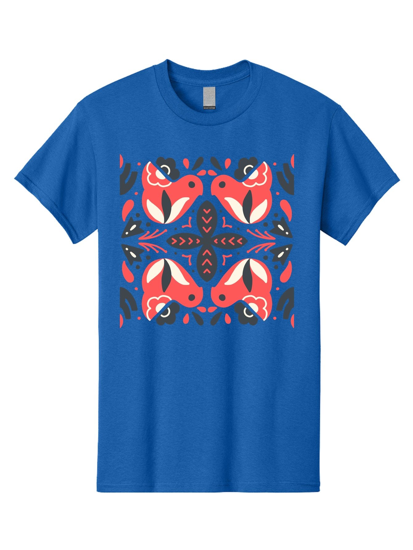 Kaleidoscope-Pattern Men'S Graphic Tee, 100% Cotton, Comfortable Casual Summer Wear, Machine Washable, Symmetrical Pattern, Floral Design, Abstract Shapes, Vibrant Colors, Bold Graphics, Modern Art, Red And White Flowers, Black Accents, Aab758