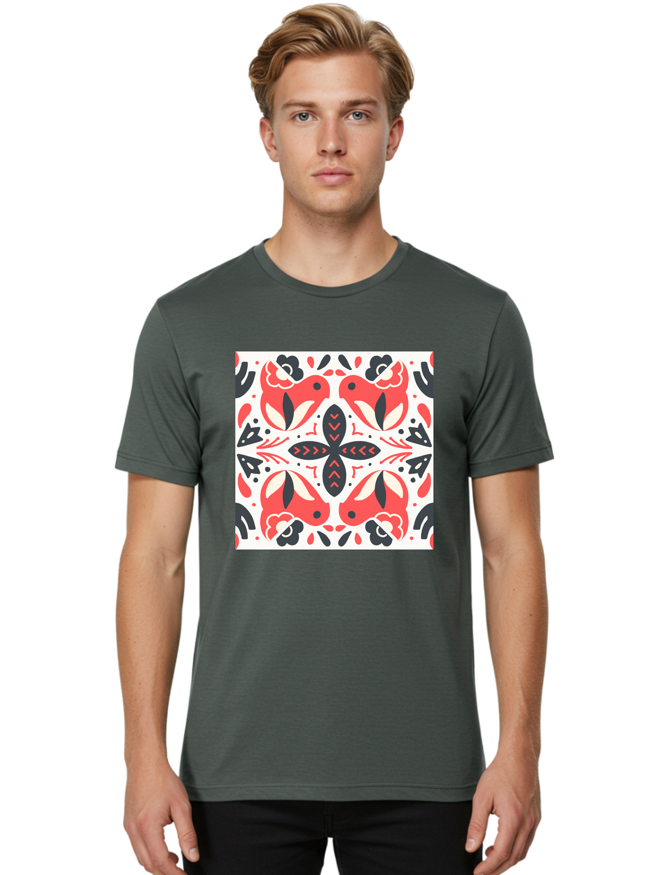 Koi-Fish-Pattern Men'S Graphic Tee, 100% Cotton, Comfortable Casual Summer Wear, Machine Washable, Koi Fish Pattern, Red And Black Design, Floral Motifs, Symmetrical Pattern, Abstract Shapes, Decorative Elements, Traditional Japanese Design, Aab761 18