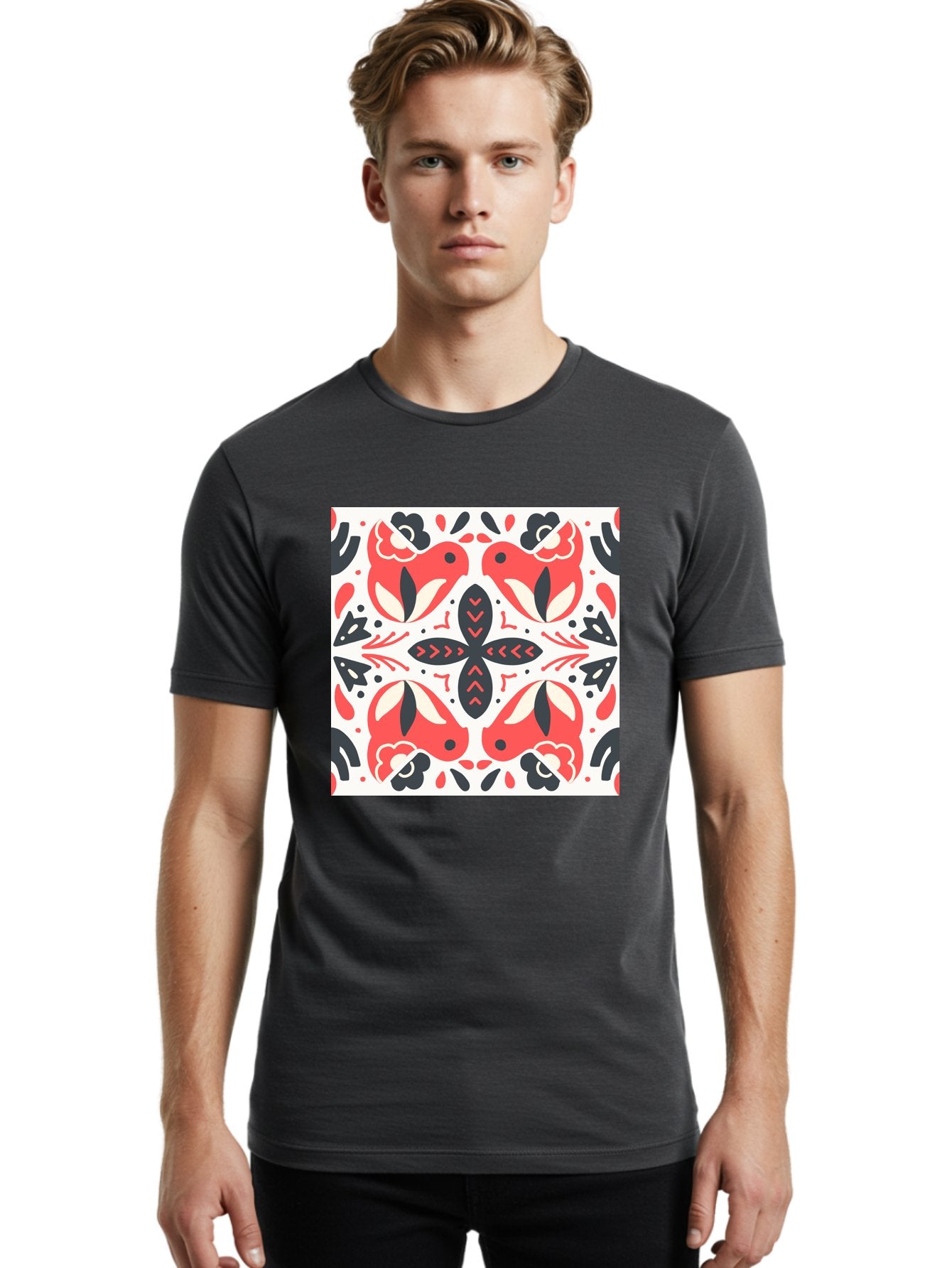 Koi-Fish-Pattern Men'S Graphic Tee, 100% Cotton, Comfortable Casual Summer Wear, Machine Washable, Koi Fish Pattern, Red And Black Design, Floral Motifs, Symmetrical Pattern, Abstract Shapes, Decorative Elements, Traditional Japanese Design, Aab761 23