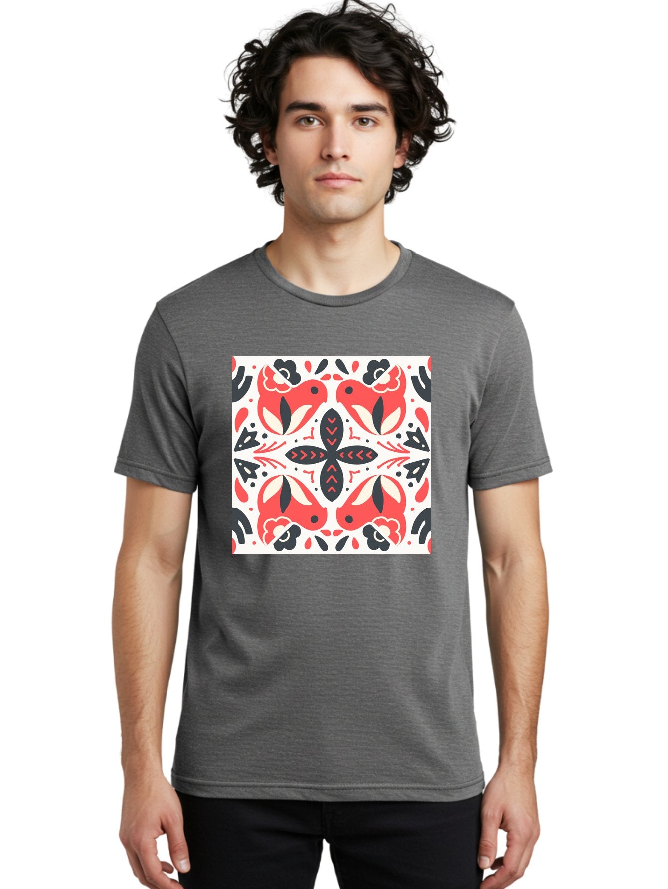 Koi-Fish-Pattern Men'S Graphic Tee, 100% Cotton, Comfortable Casual Summer Wear, Machine Washable, Koi Fish Pattern, Red And Black Design, Floral Motifs, Symmetrical Pattern, Abstract Shapes, Decorative Elements, Traditional Japanese Design, Aab761 16