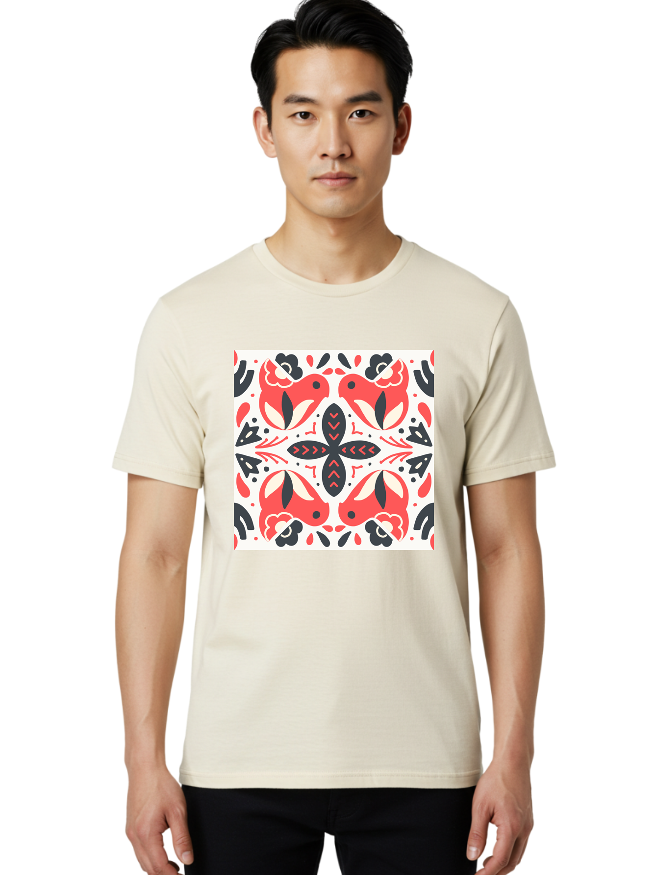 Koi-Fish-Pattern Men'S Graphic Tee, 100% Cotton, Comfortable Casual Summer Wear, Machine Washable, Koi Fish Pattern, Red And Black Design, Floral Motifs, Symmetrical Pattern, Abstract Shapes, Decorative Elements, Traditional Japanese Design, Aab761 20