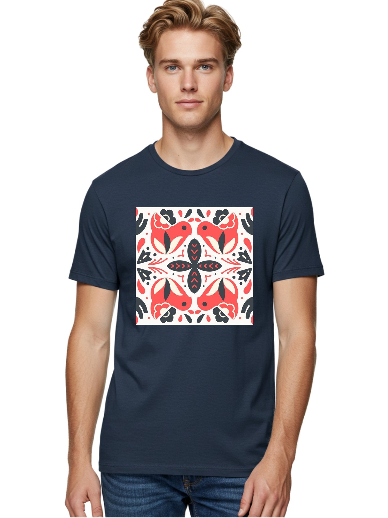 Koi-Fish-Pattern Men'S Graphic Tee, 100% Cotton, Comfortable Casual Summer Wear, Machine Washable, Koi Fish Pattern, Red And Black Design, Floral Motifs, Symmetrical Pattern, Abstract Shapes, Decorative Elements, Traditional Japanese Design, Aab761 27