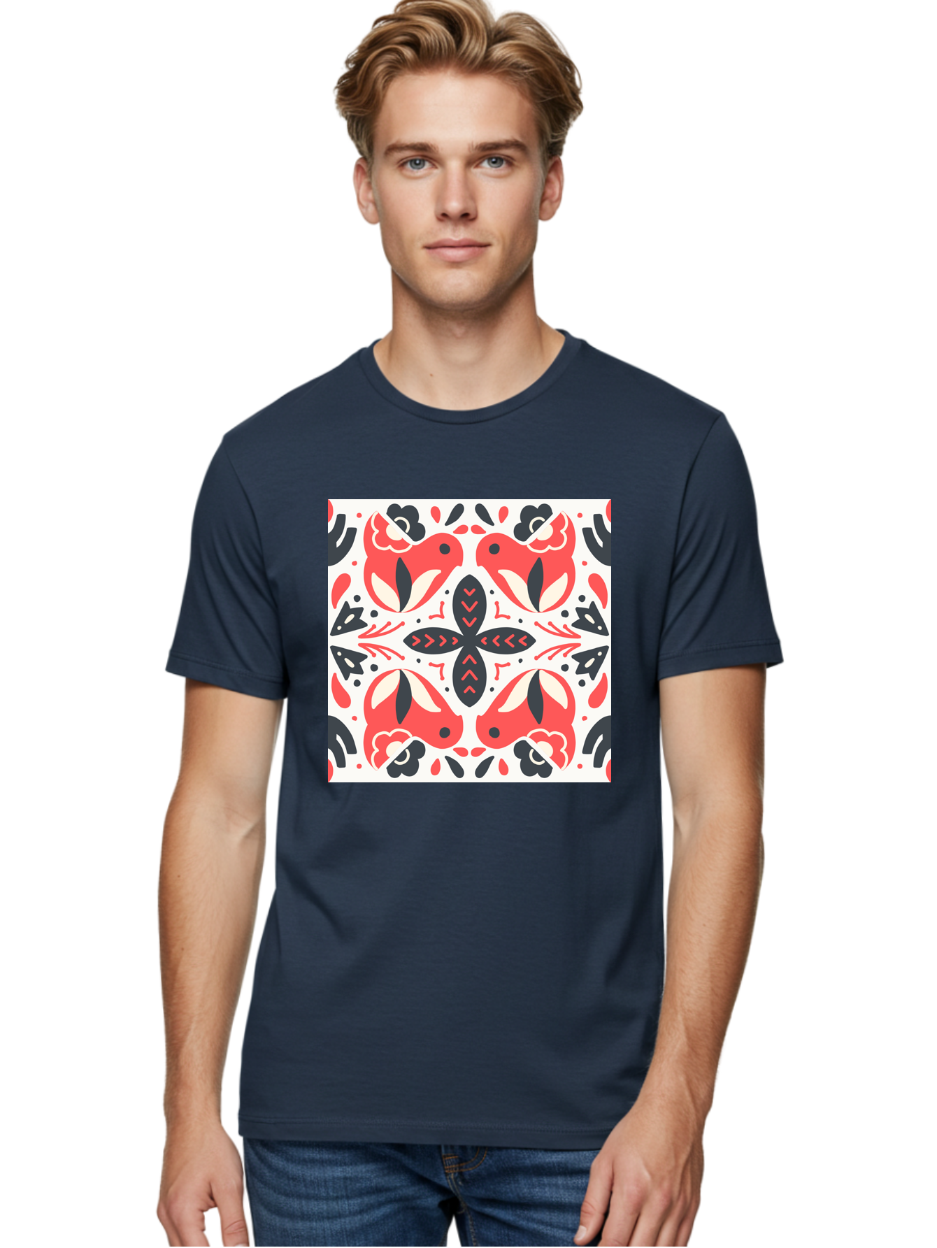 Koi-Fish-Pattern Men'S Graphic Tee, 100% Cotton, Comfortable Casual Summer Wear, Machine Washable, Koi Fish Pattern, Red And Black Design, Floral Motifs, Symmetrical Pattern, Abstract Shapes, Decorative Elements, Traditional Japanese Design, Aab761 8