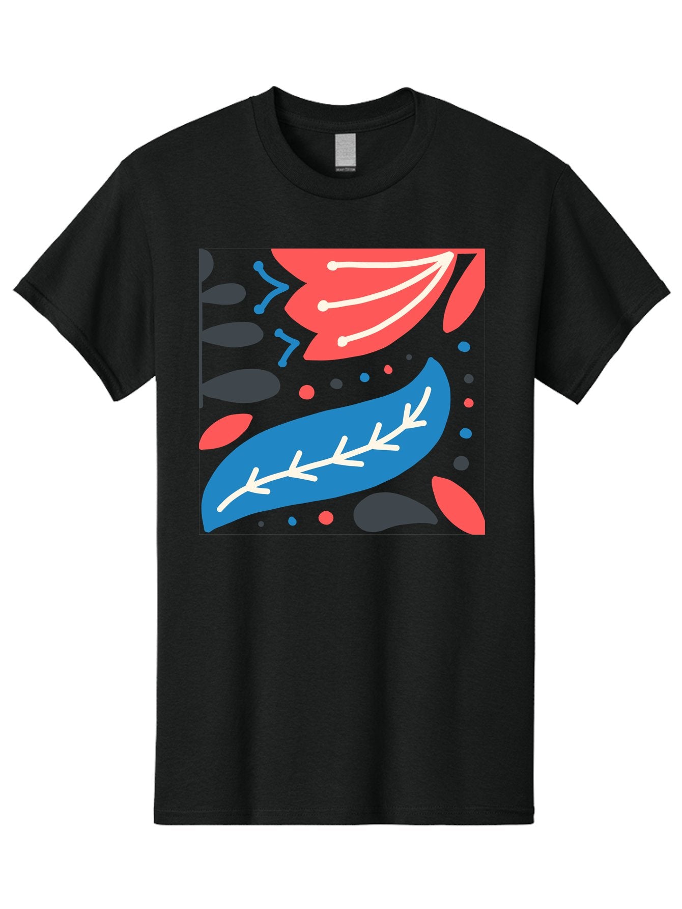 Leaf-Pattern Men'S Graphic Tee, 100% Cotton, Comfortable Casual Summer Wear, Machine Washable, Stylized Leaves, Abstract Design, Colorful Shapes, Playful Pattern, Blue And Red Leaves, White Veins, Scattered Dots, Creative Artwork, Aab763 8