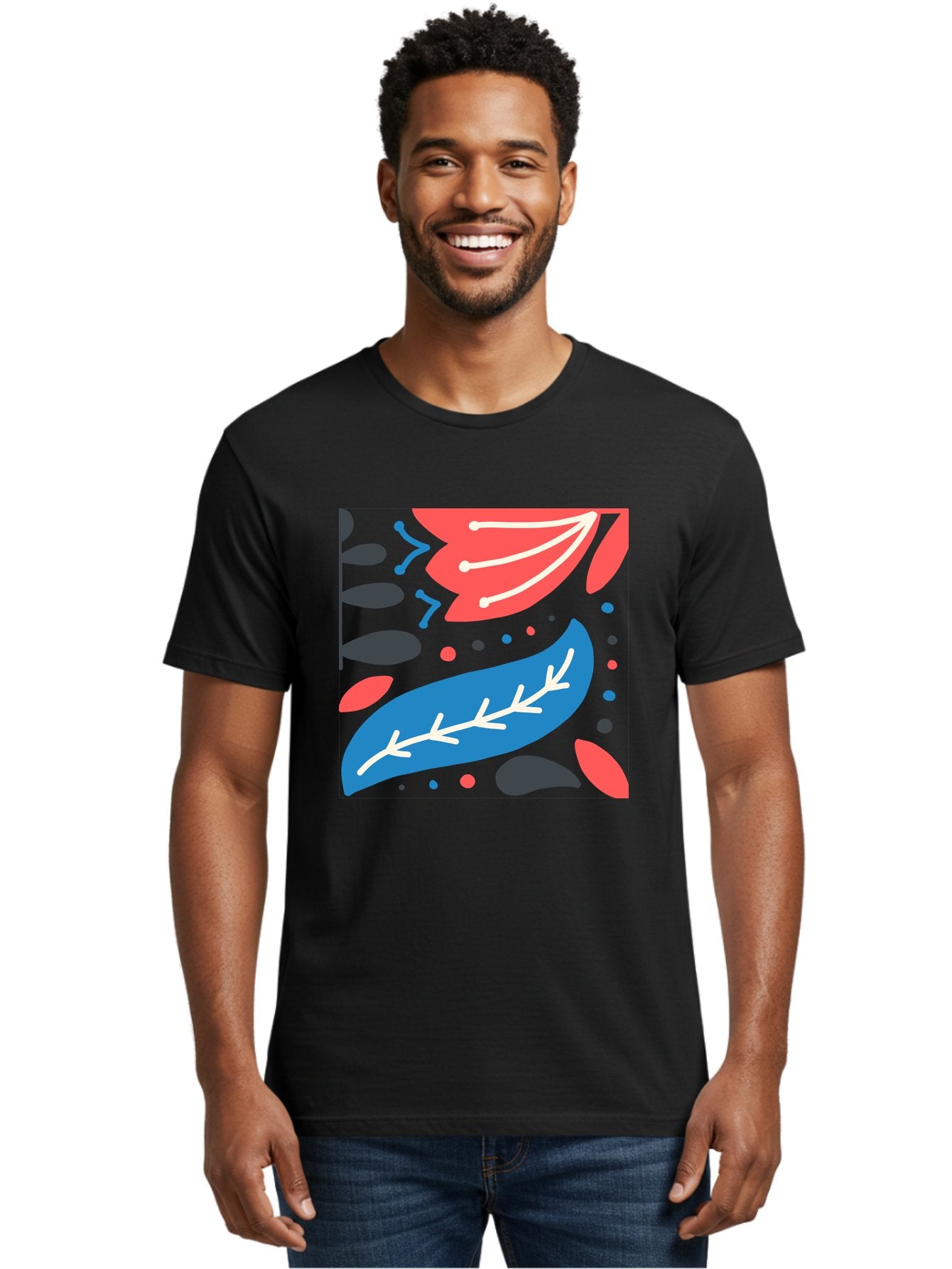 Leaf-Pattern Men'S Graphic Tee, 100% Cotton, Comfortable Casual Summer Wear, Machine Washable, Stylized Leaves, Abstract Design, Colorful Shapes, Playful Pattern, Blue And Red Leaves, White Veins, Scattered Dots, Creative Artwork, Aab763 25