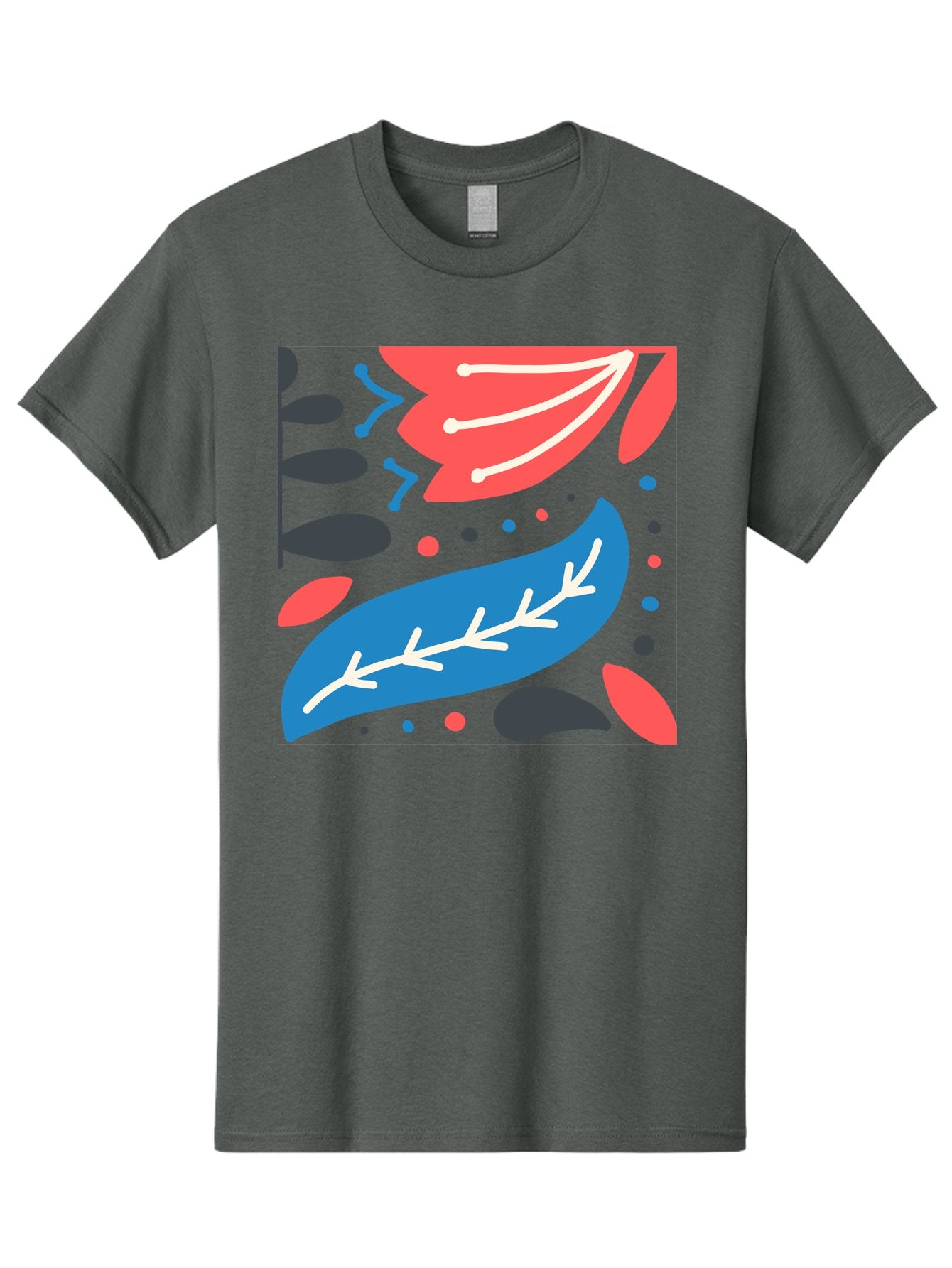 Leaf-Pattern Men'S Graphic Tee, 100% Cotton, Comfortable Casual Summer Wear, Machine Washable, Stylized Leaves, Abstract Design, Colorful Shapes, Playful Pattern, Blue And Red Leaves, White Veins, Scattered Dots, Creative Artwork, Aab763 3