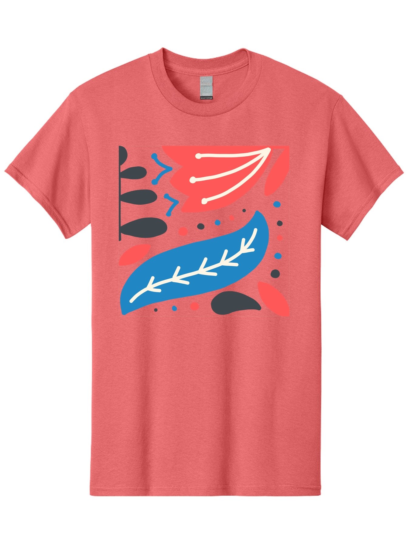 Leaf-Pattern Men'S Graphic Tee, 100% Cotton, Comfortable Casual Summer Wear, Machine Washable, Stylized Leaves, Abstract Design, Colorful Shapes, Playful Pattern, Blue And Red Leaves, White Veins, Scattered Dots, Creative Artwork, Aab763 5