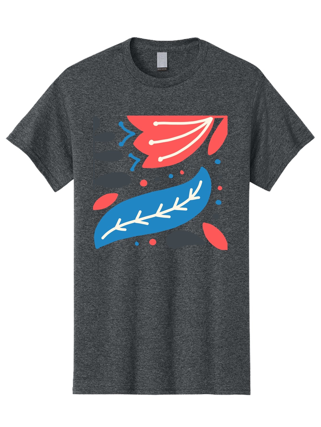 Leaf-Pattern Men'S Graphic Tee, 100% Cotton, Comfortable Casual Summer Wear, Machine Washable, Stylized Leaves, Abstract Design, Colorful Shapes, Playful Pattern, Blue And Red Leaves, White Veins, Scattered Dots, Creative Artwork, Aab763 7